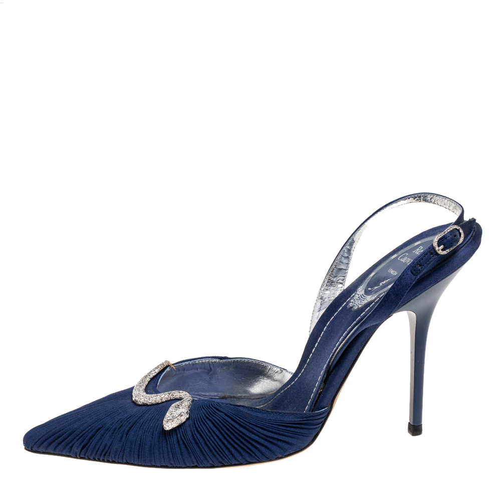 

René Caovilla Blue Fabric Snake Embellished Slingback Pumps Size