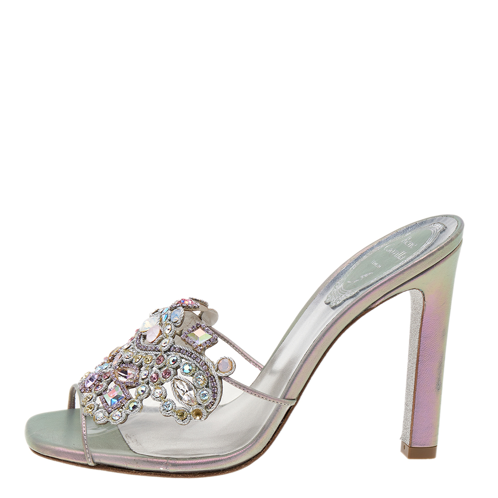 

René Caovilla Grey Iridescent Leather and PVC Crystal Embellished Slide Sandals Size