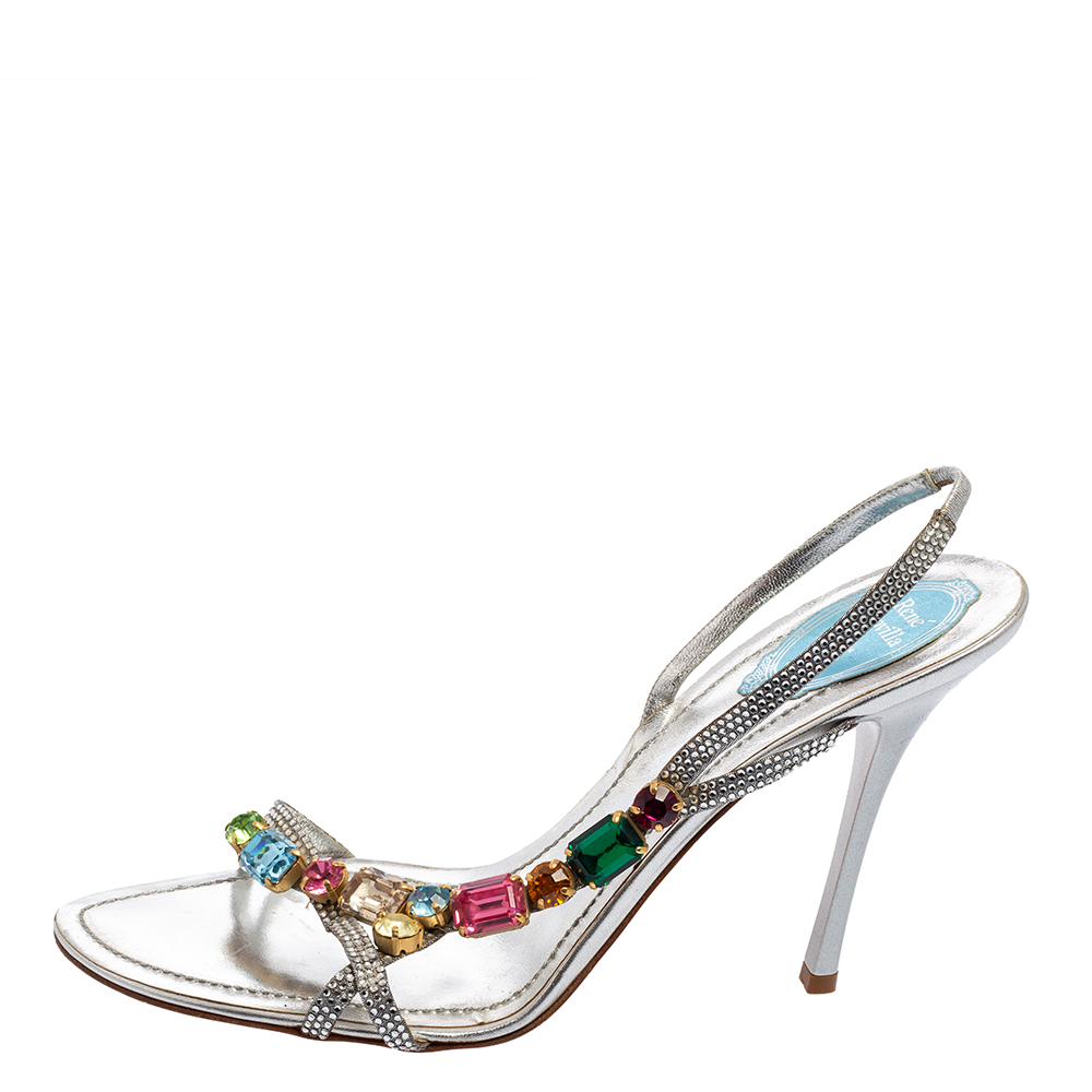 

René Caovilla Silver Crystals and Multicolor Stones Embellished Leather Slingback Sandals Size