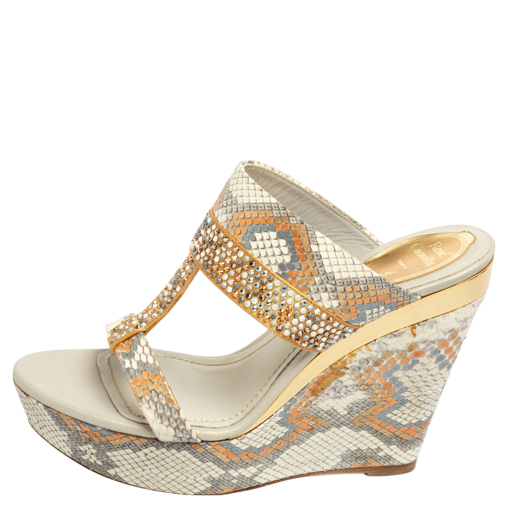 

René Caovilla Multicolor Python Leather and Crystals Embellished Satin Wedge Slide Sandals Size