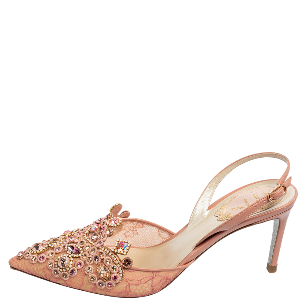 

René Caovilla Rose Pink Crystals Embellished Veneziana Lace and Leather Slingback Pumps Size