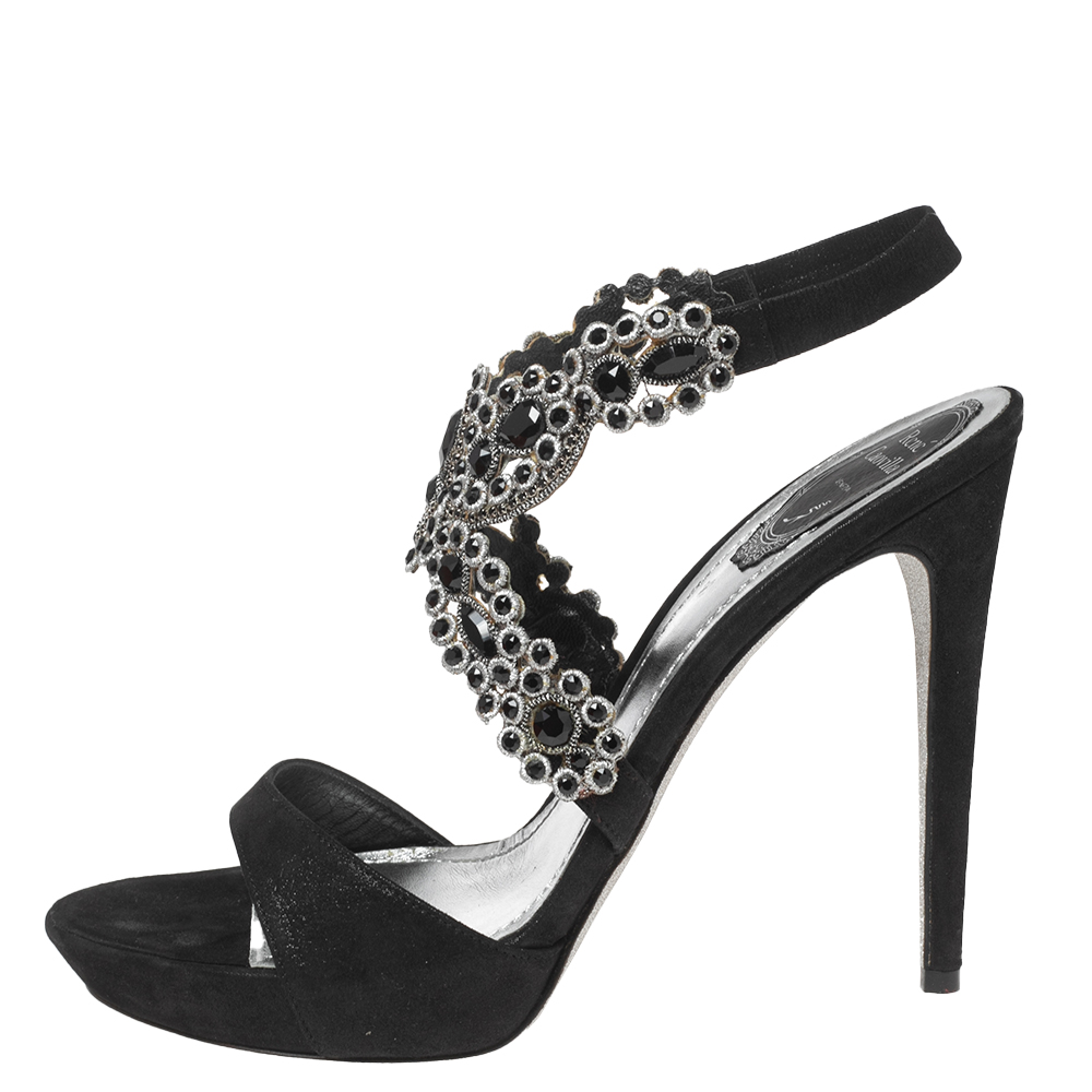 

René Caovilla Black Suede Crystal Embellished Anklet Sandals Size