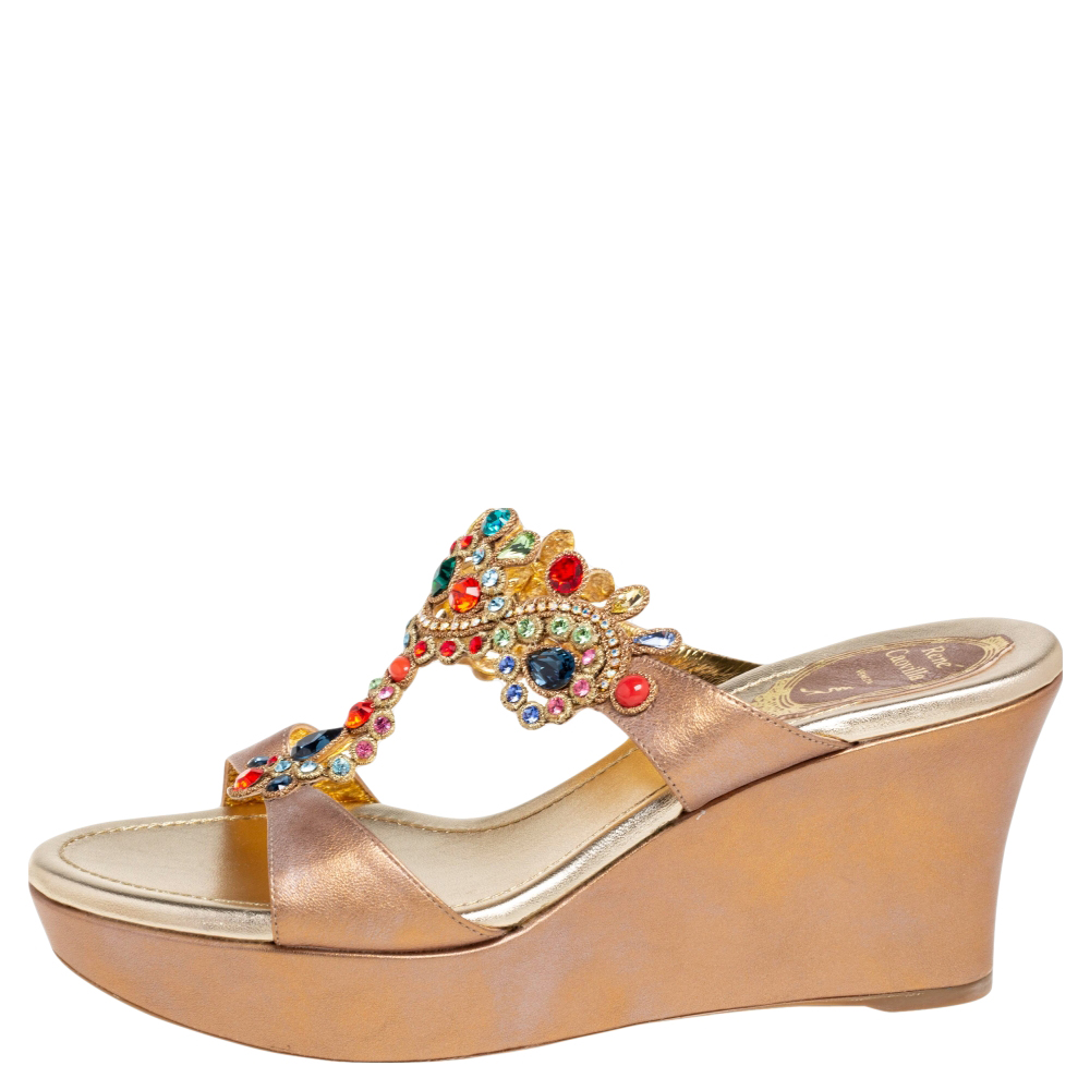 

René Caovilla Bronze Leather Embroidery Embellished Wedge Platform Slide Sandals Size, Brown