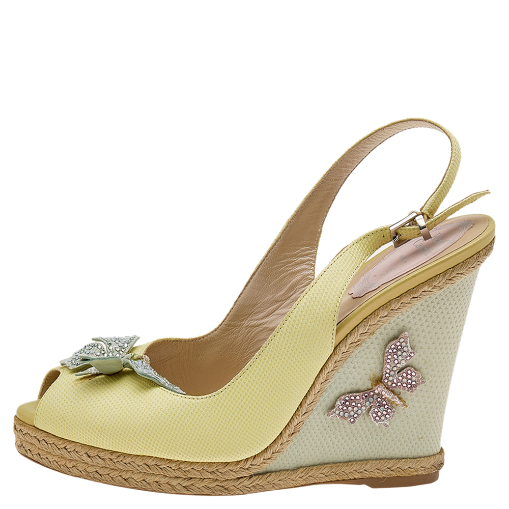 

René Caovilla Yellow Leather Espadrille Wedge Sandals Size