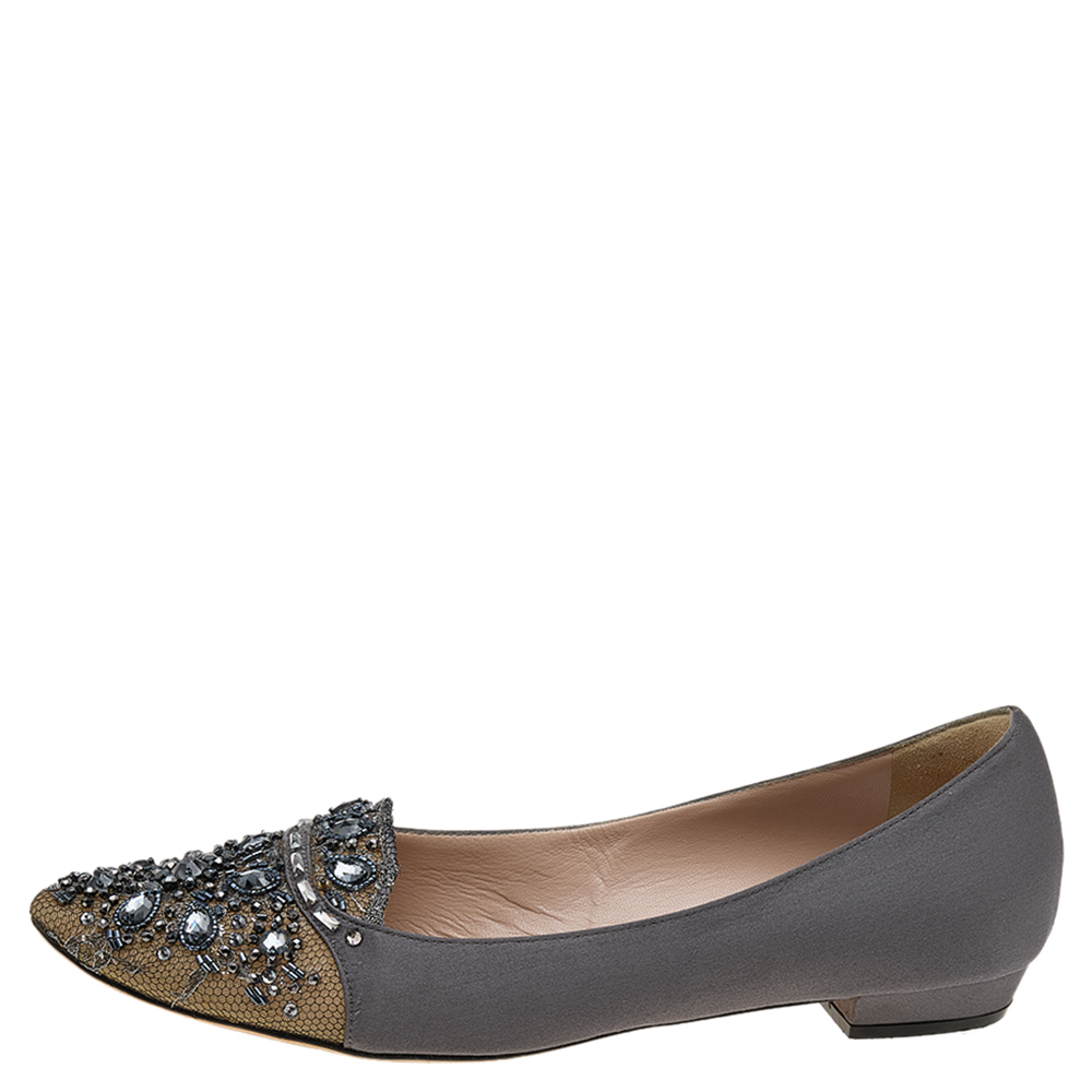 

René Caovilla Grey Satin Crystal Embellished Ballet Flats Size