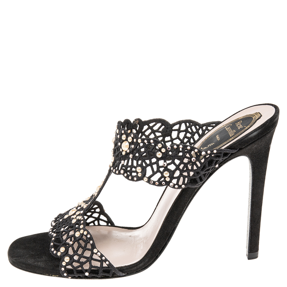 

René Caovilla Black Lace And Suede Crystal Embellished Slide Sandals Size