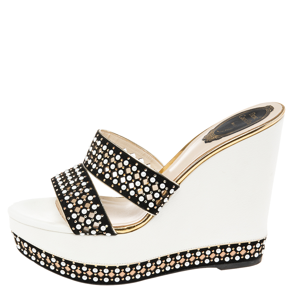 

René Caovilla White/Black Crystal Embellished Suede Laser Cut Wedge Platform Slide Sandals Size