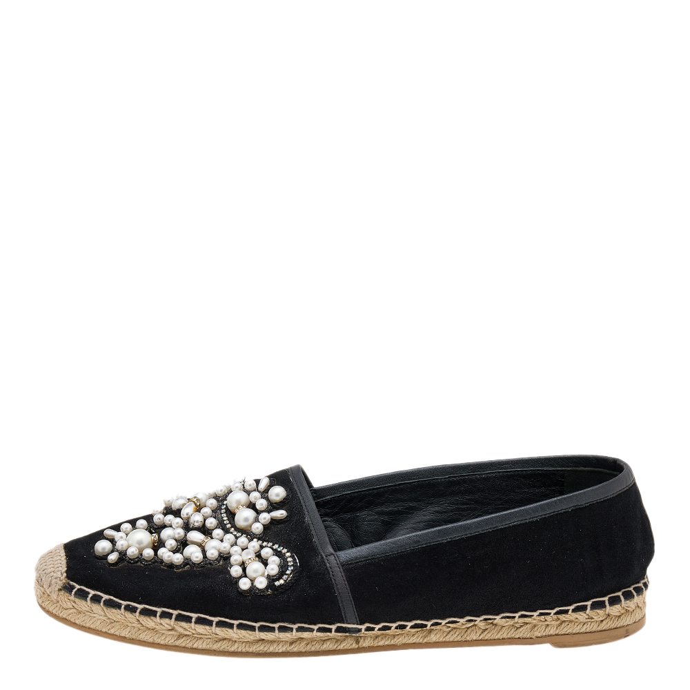 

René Caovilla Black Nubuck Leather Pearl Embellished Espadrille Flats Size