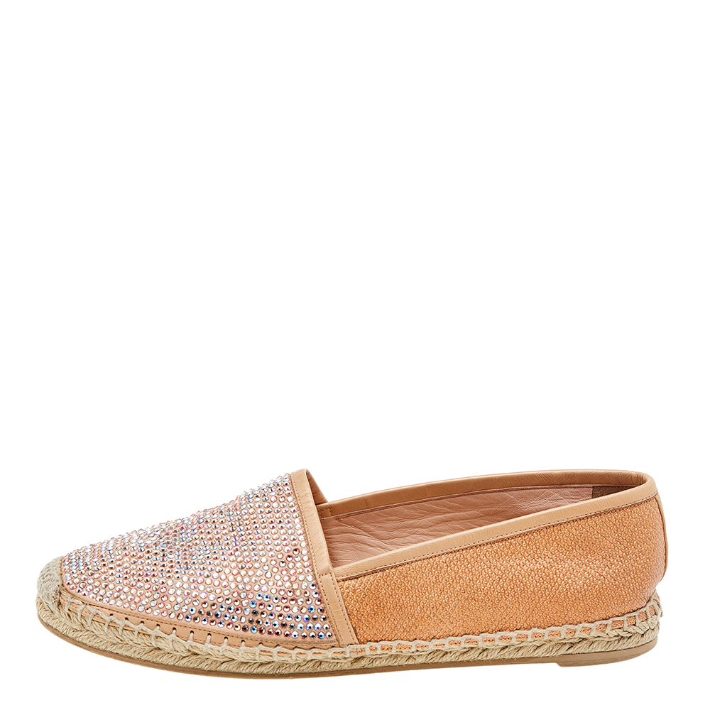 

René Caovilla Peach Snakeskin Embossed Leather Crystal Embellished Espadrille Flats Size, Orange