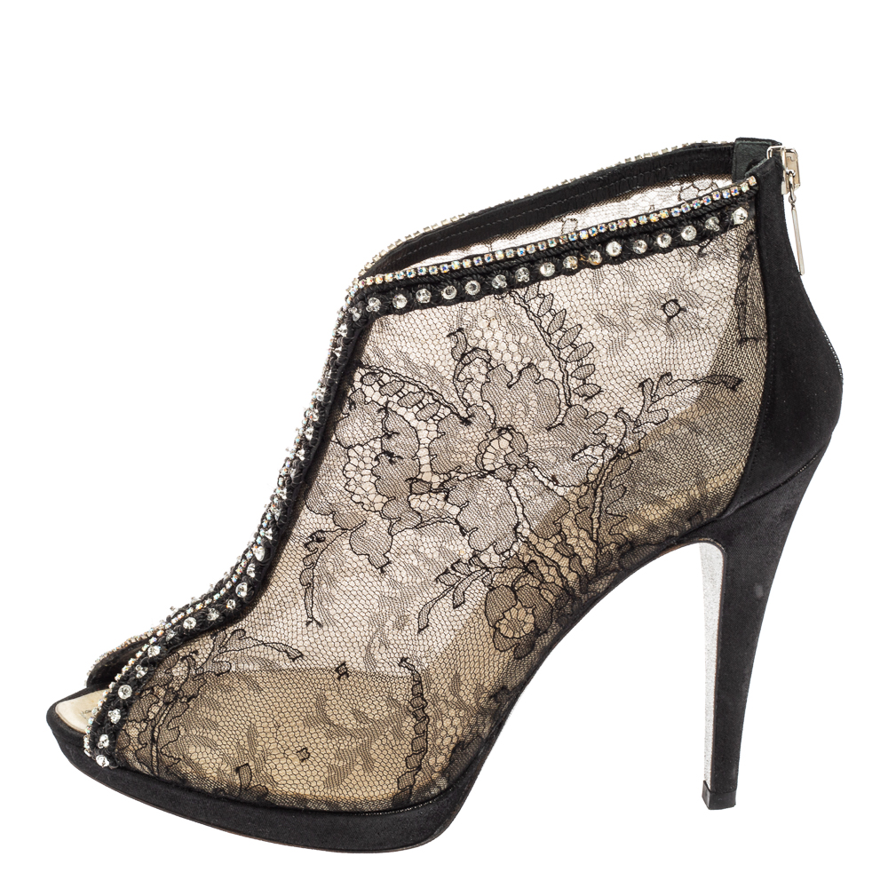 

Rene Caovilla Black/Beige Suede And Floral Lace Open Toe Crystal Embellished Ankle Boots Size