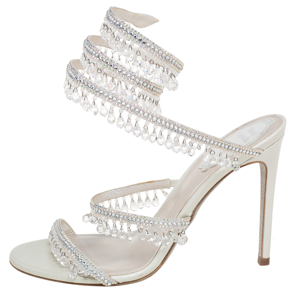 

René Caovilla White Leather Embellished Chandelier Sandals Size