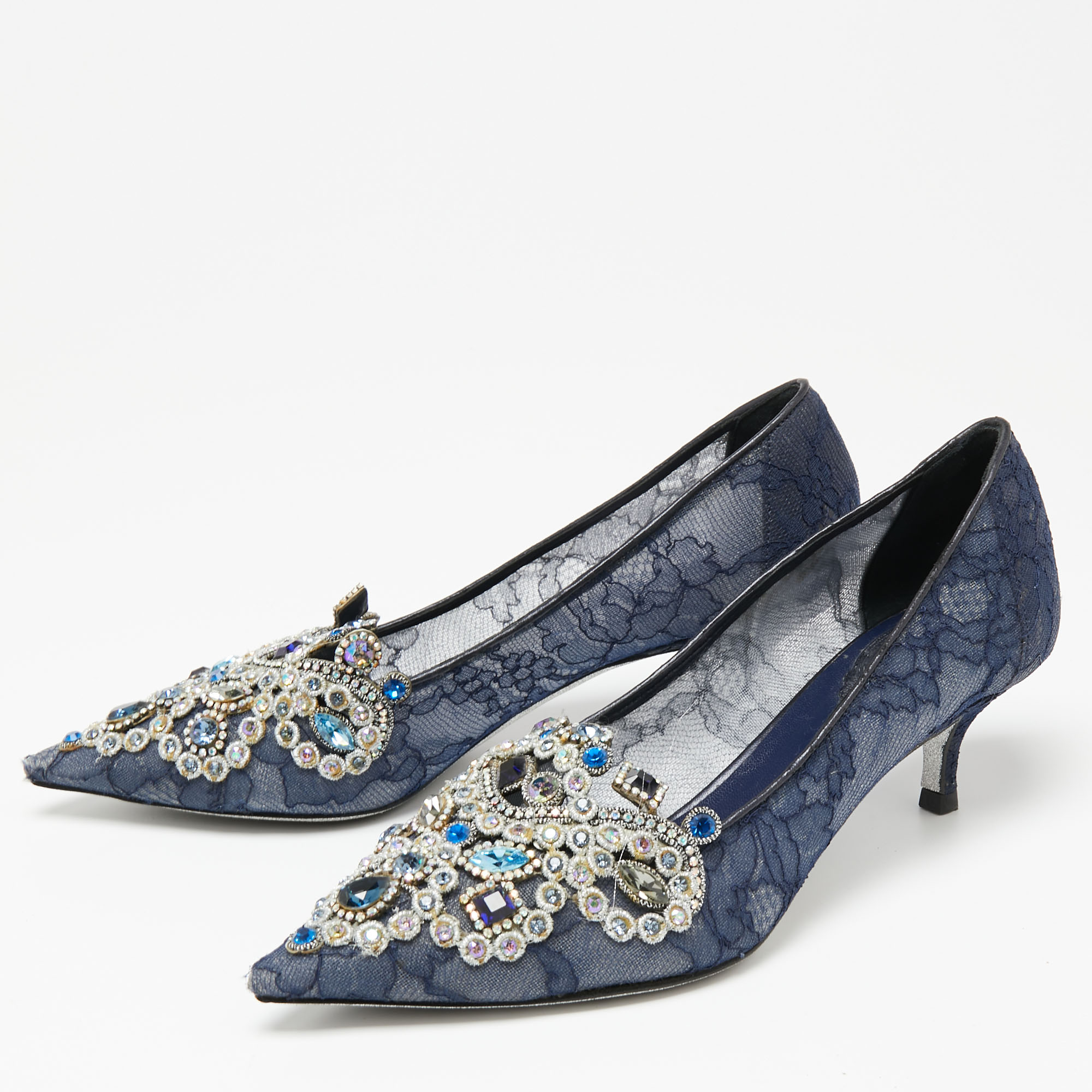 

René Caovilla Blue Lace Crystal Embellished Pointed Toe Pumps Size