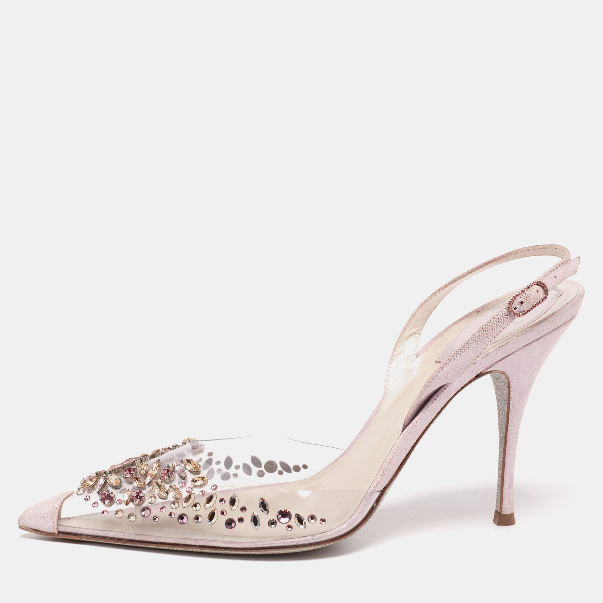 René Caovilla Lilac Shimmer Suede and PVC Claire Crystals Embellished Sandals Size 38