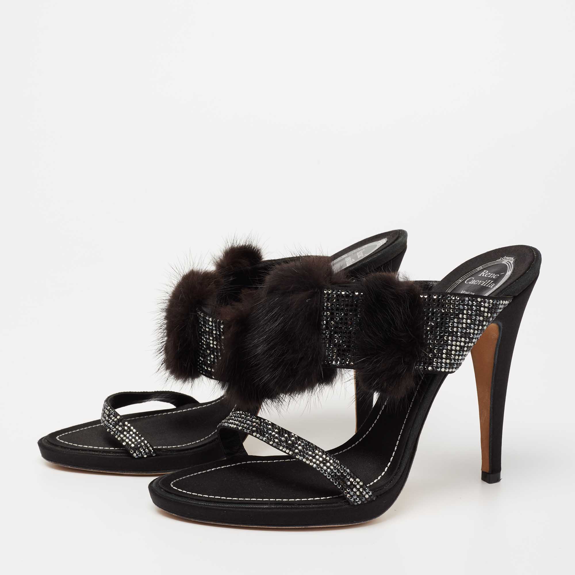 

René Caovilla Black Crystal Embellished Satin and Fur Slide Sandals Size