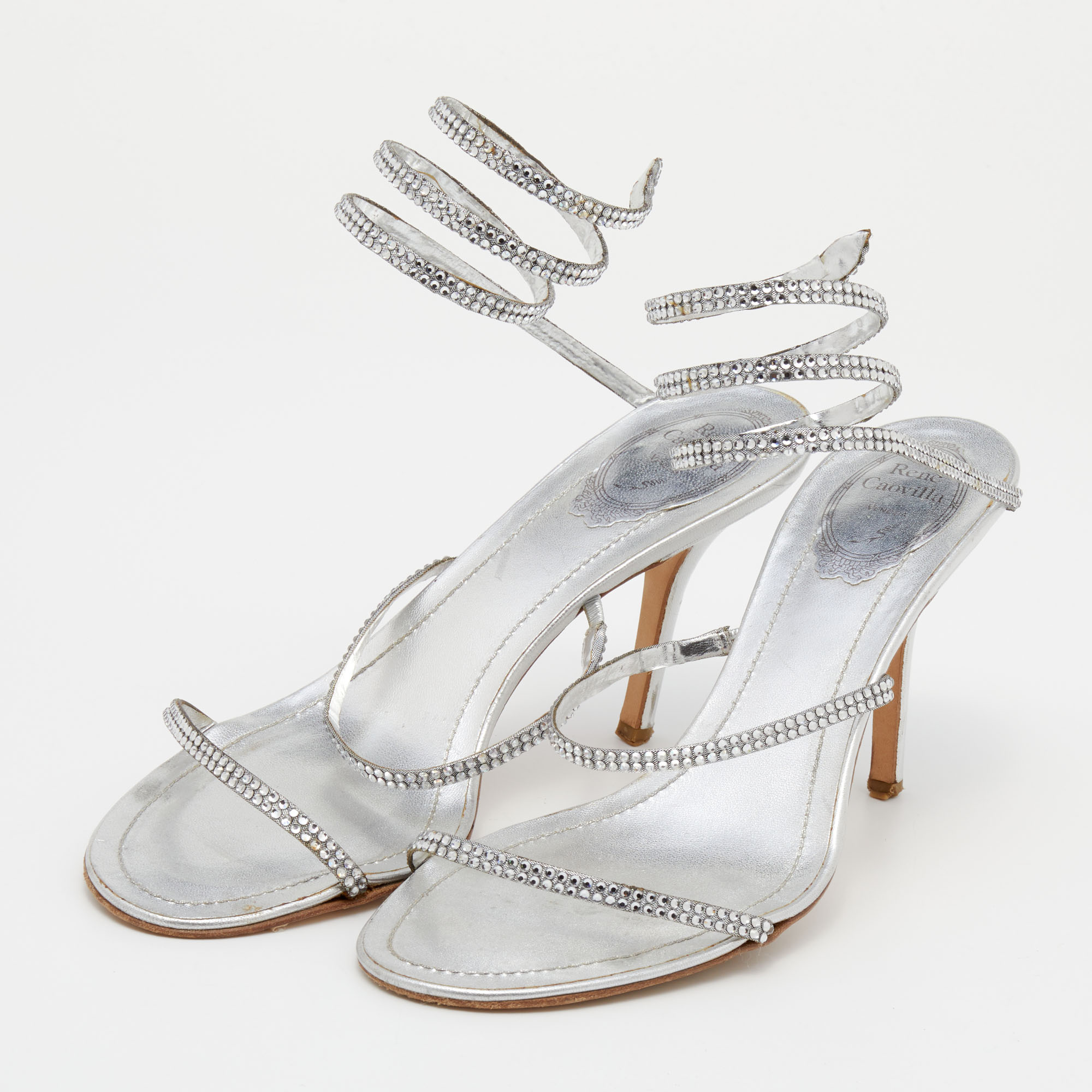 

René Caovilla Metallic Silver Leather Cleo Crystal-Embellished Sandals Size