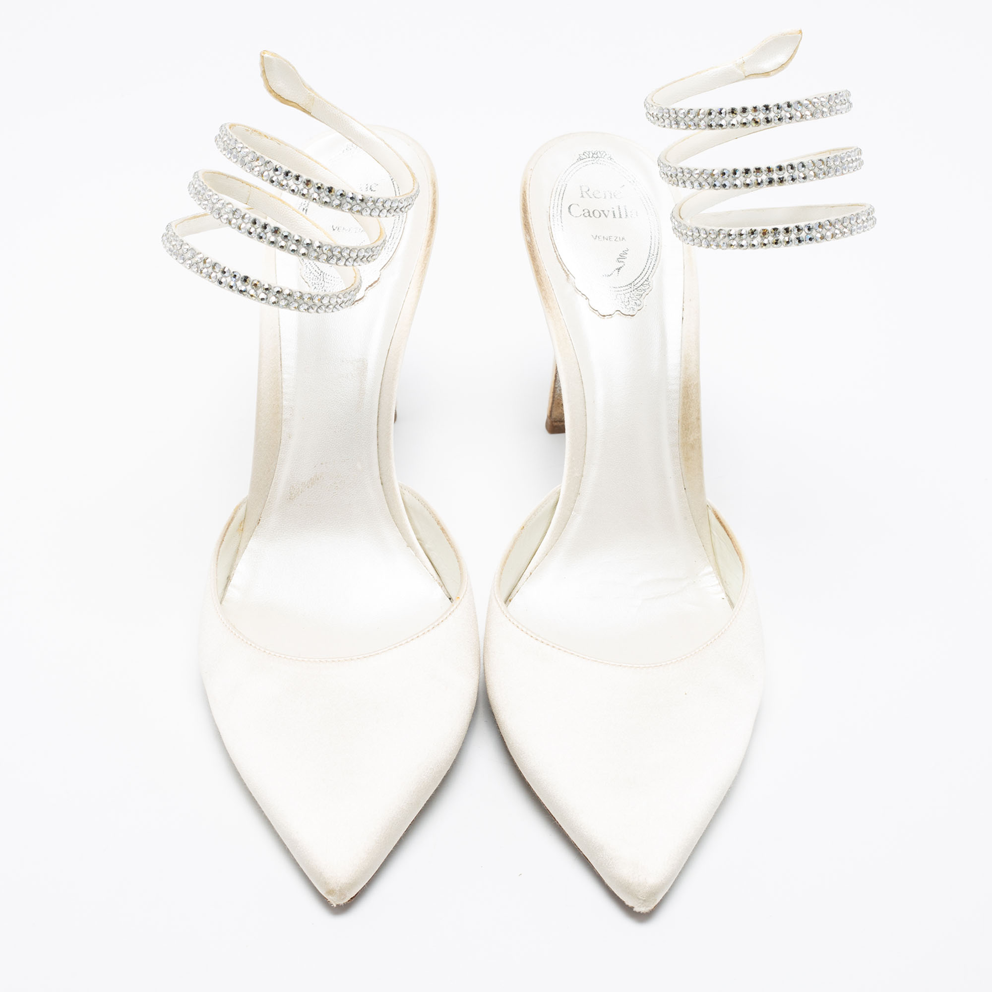 

René Caovilla White Satin Crystal Embellished Ankle Wrap Sandals Size