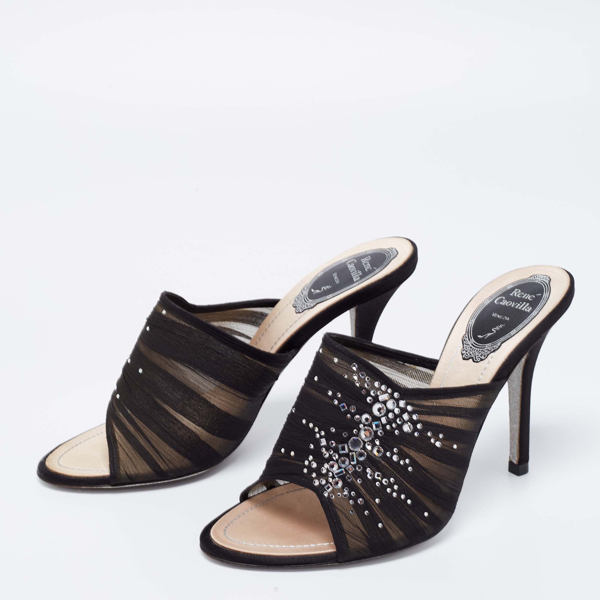 

Rene Caovilla Black Fabric And Mesh Chiffon Crystal Embellished Slide Sandals Size