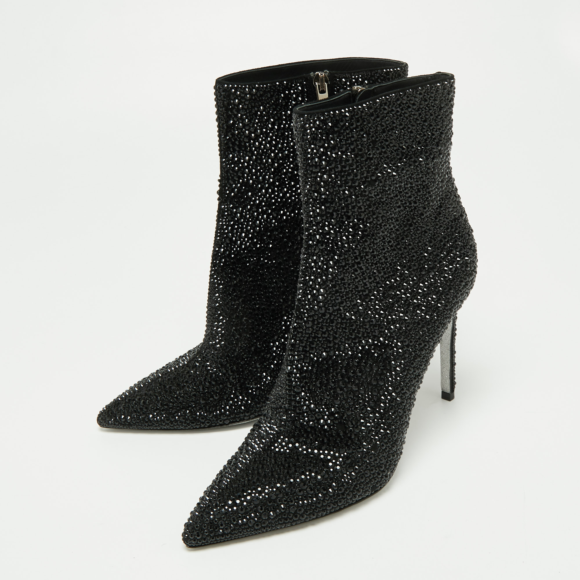 

René Caovilla Black Glitter Virginie Crystal Stiletto Ankle Boots Size