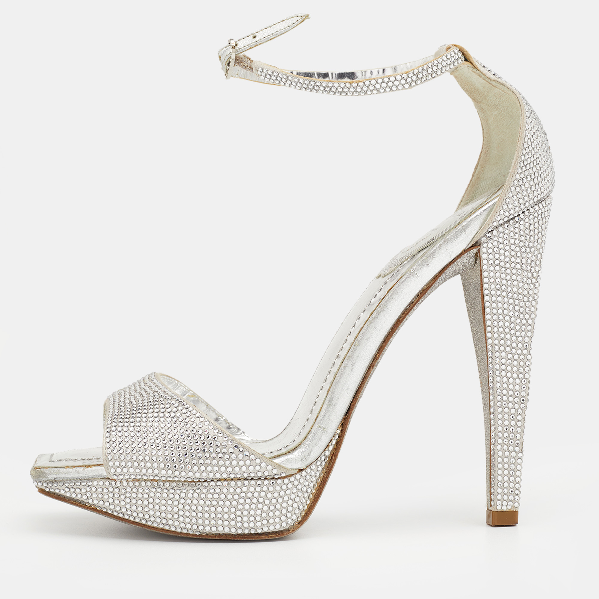 

René Caovilla Metallic Silver Crystal Embellished Satin Ankle Strap Platform Sandals Size