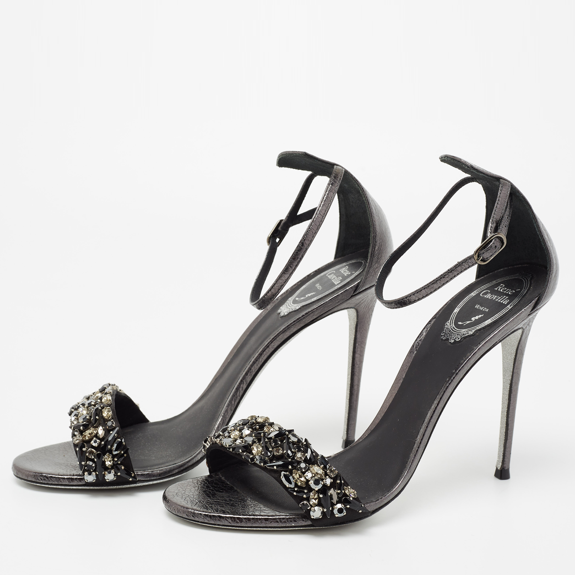 

René Caovilla Dark Grey Leather Crystal Embellished Ankle Strap Sandals Size