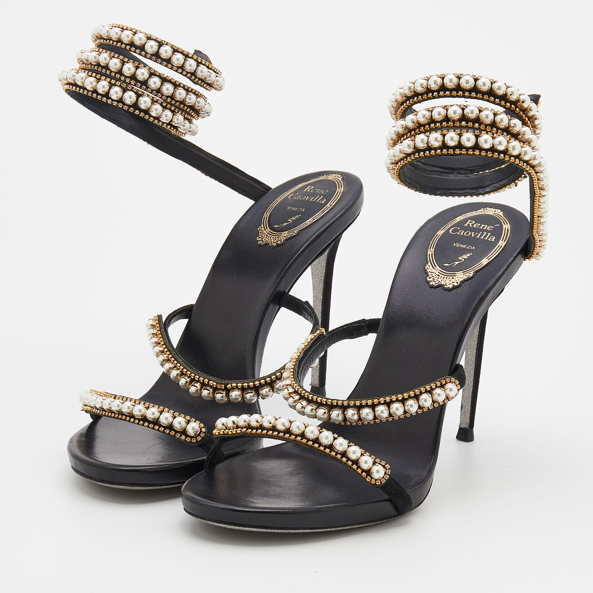 

René Caovilla Black Suede Pearl Crystal Embellished Snake Ankle Wrap Sandals Size