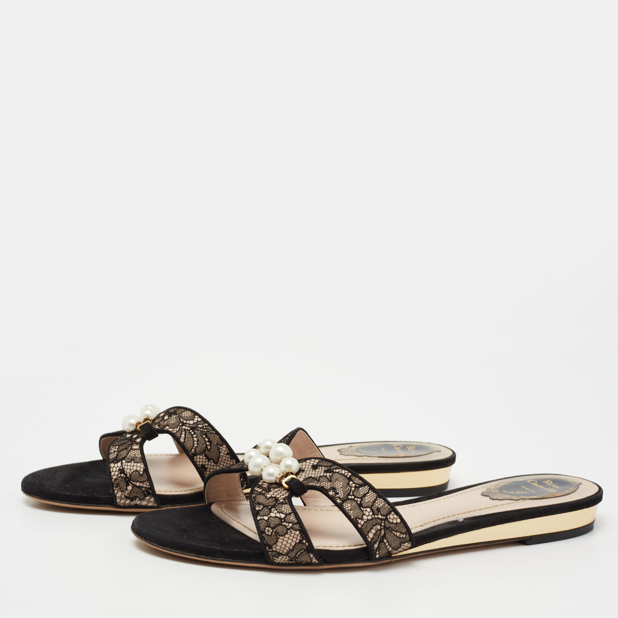 

René Caovilla Black Lace Faux Pearl Embellished Flat Slides Size