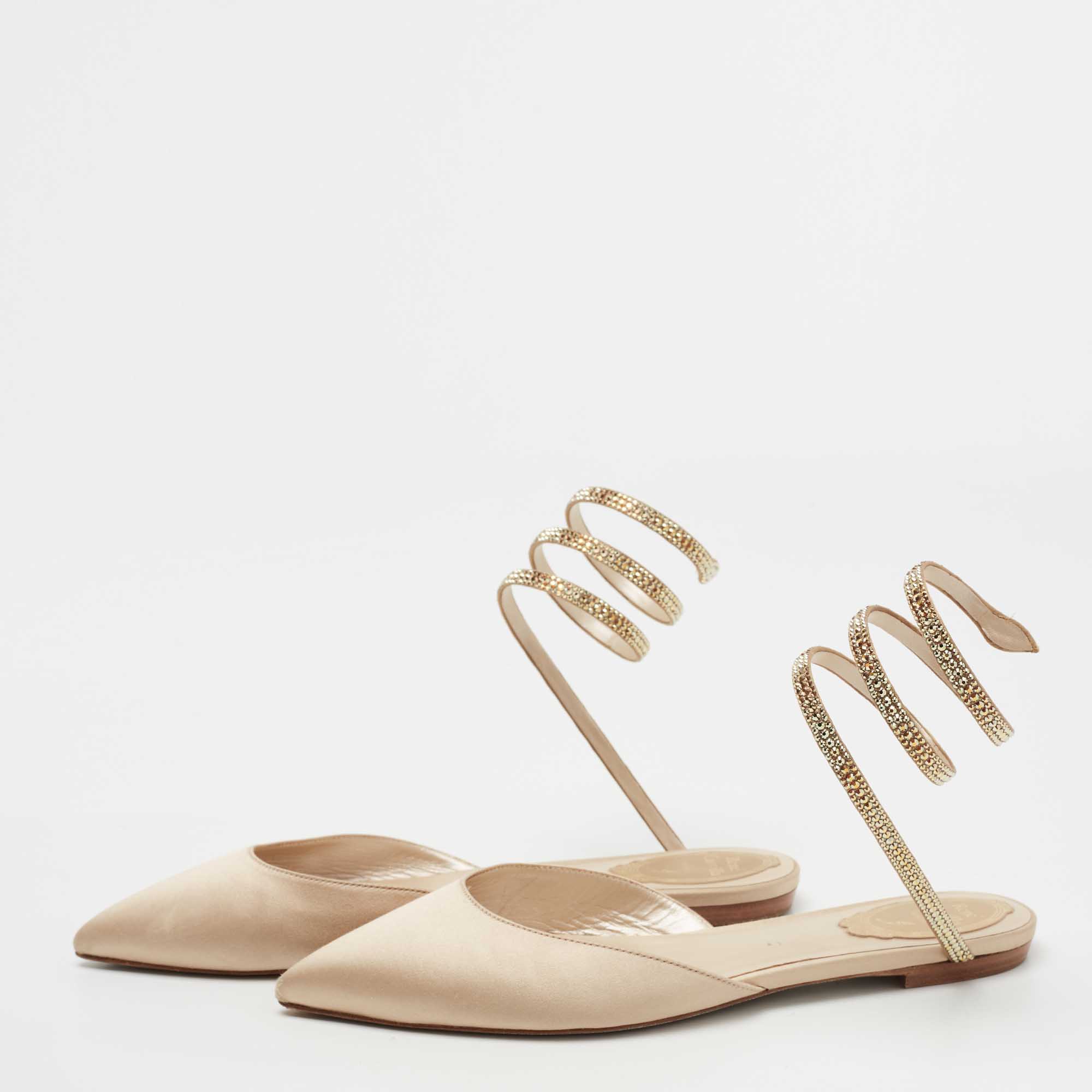 

René Caovilla Beige Satin Crystal Embellished Flat Sandals Size