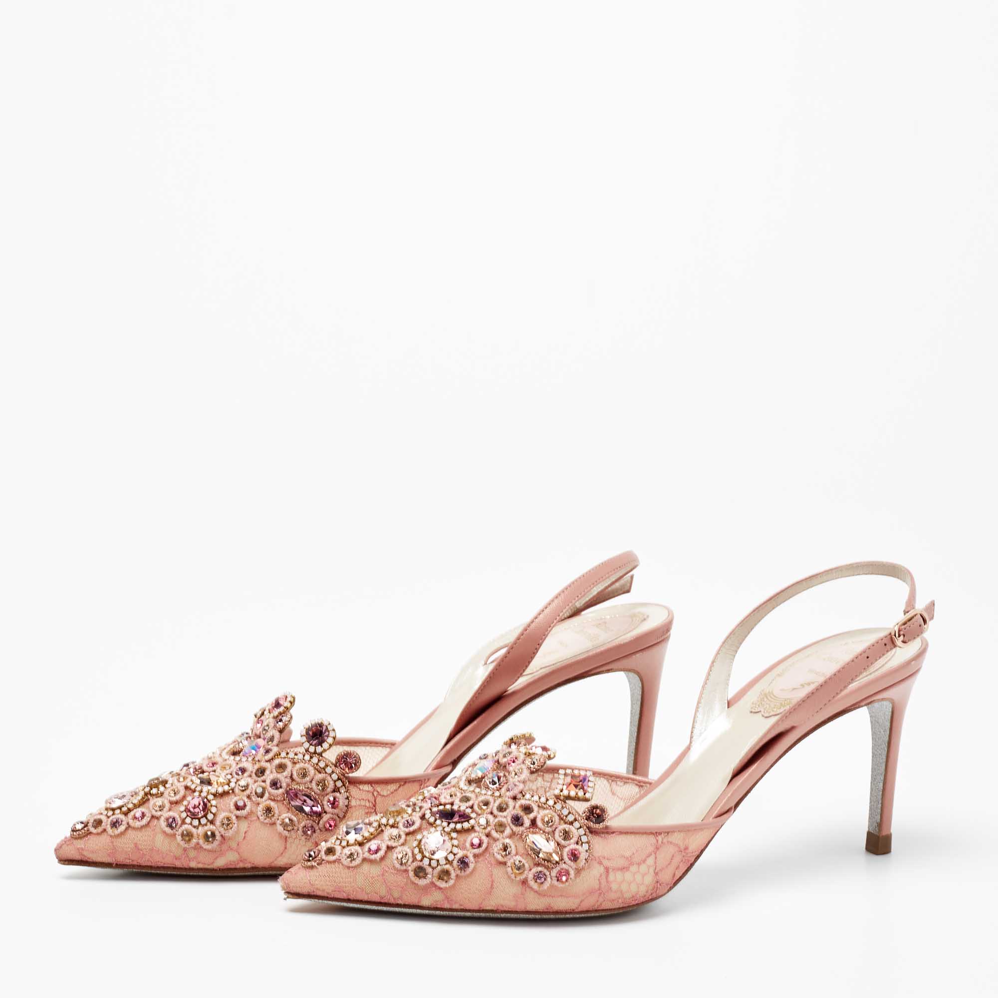 

René Caovilla Rose Pink Lace And Leather Embellished Slingback Sandals Size