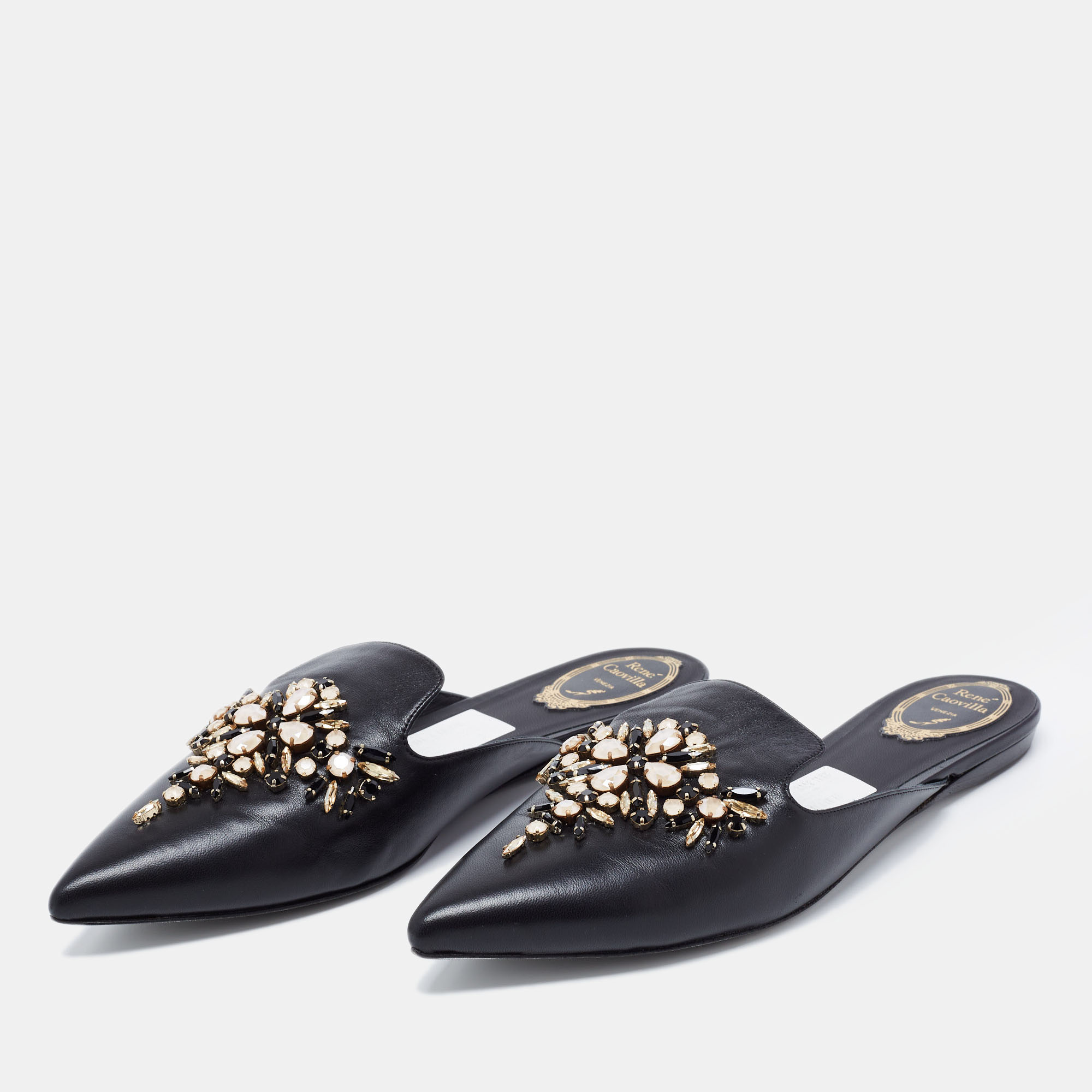 

Rene Caovilla Black Leather Crystal Embellished Pointed Toe Flat Mules Size