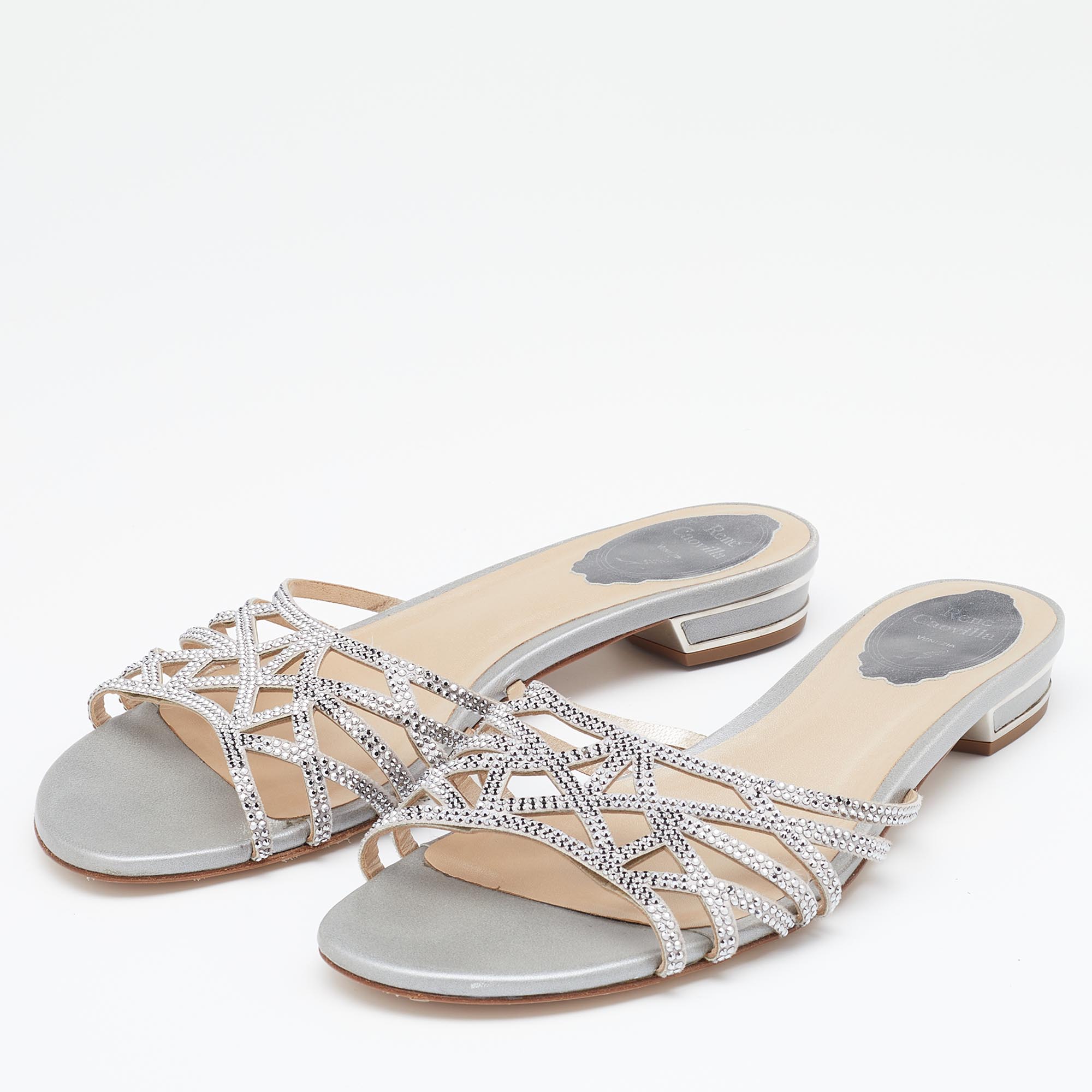 

Rene Caovilla Light Grey Crystal Embellished Leather Strappy Flat Slides Size