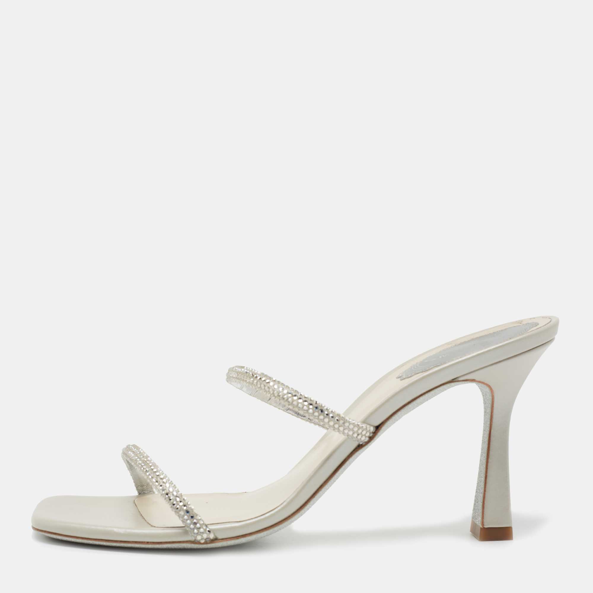 Pre Owned René Caovilla Light Grey Crystal Embellished Satin Sandal Size 38