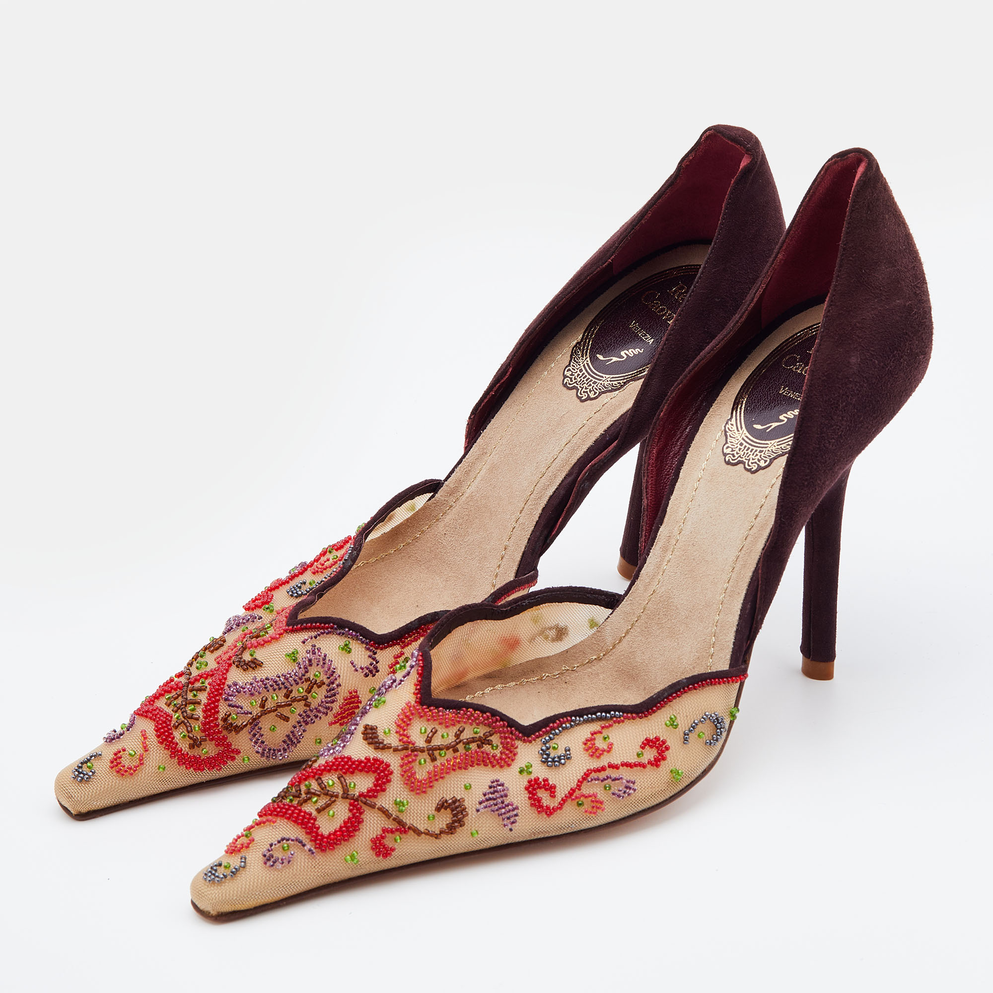 

René Caovilla Multicolor Beads Embroidered Mesh and Suede D'orsay Pumps Size