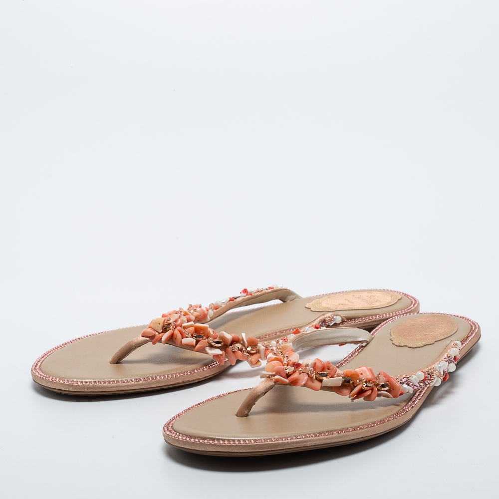 

René Caovilla Gold/Beige Satin Embellished Thong Sandals Size