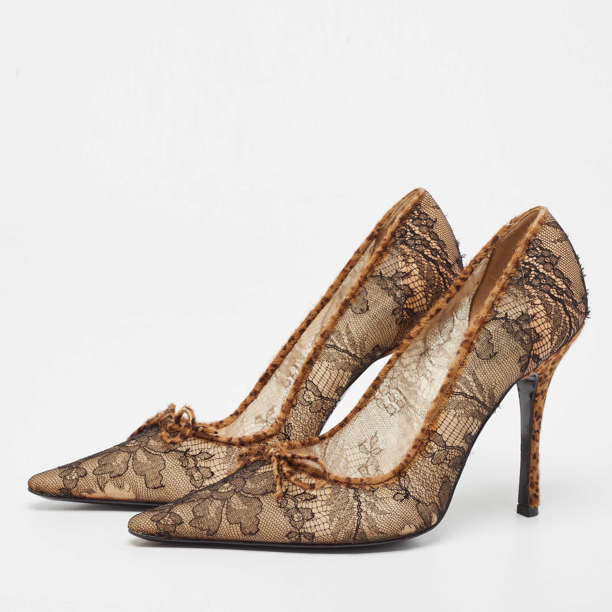 

René Caovilla Brown/Black Lace and Calf Hair Bow Pointed Toe Pumps Size