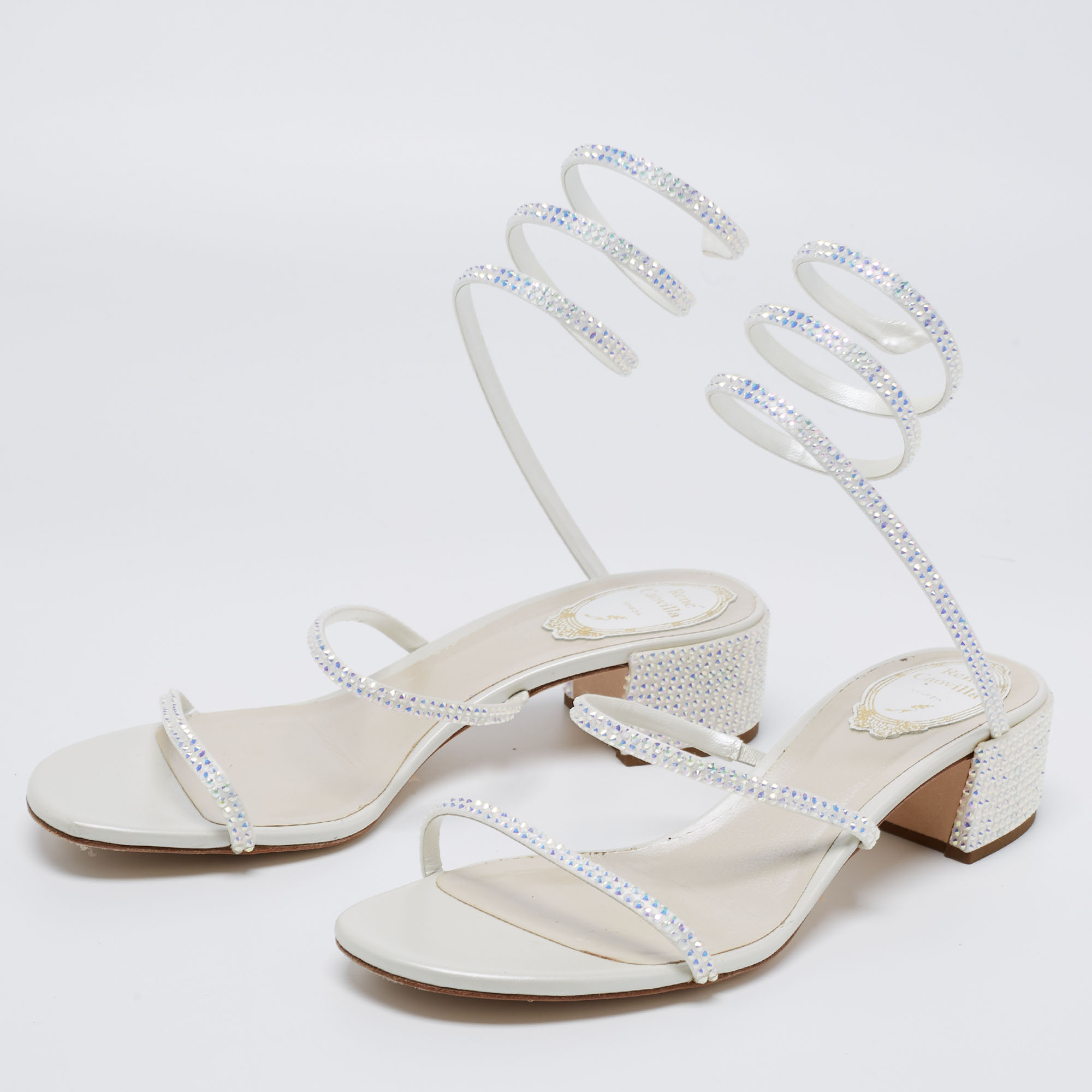 

René Caovilla White Crystal Embellished Satin Cleo Sandals Size