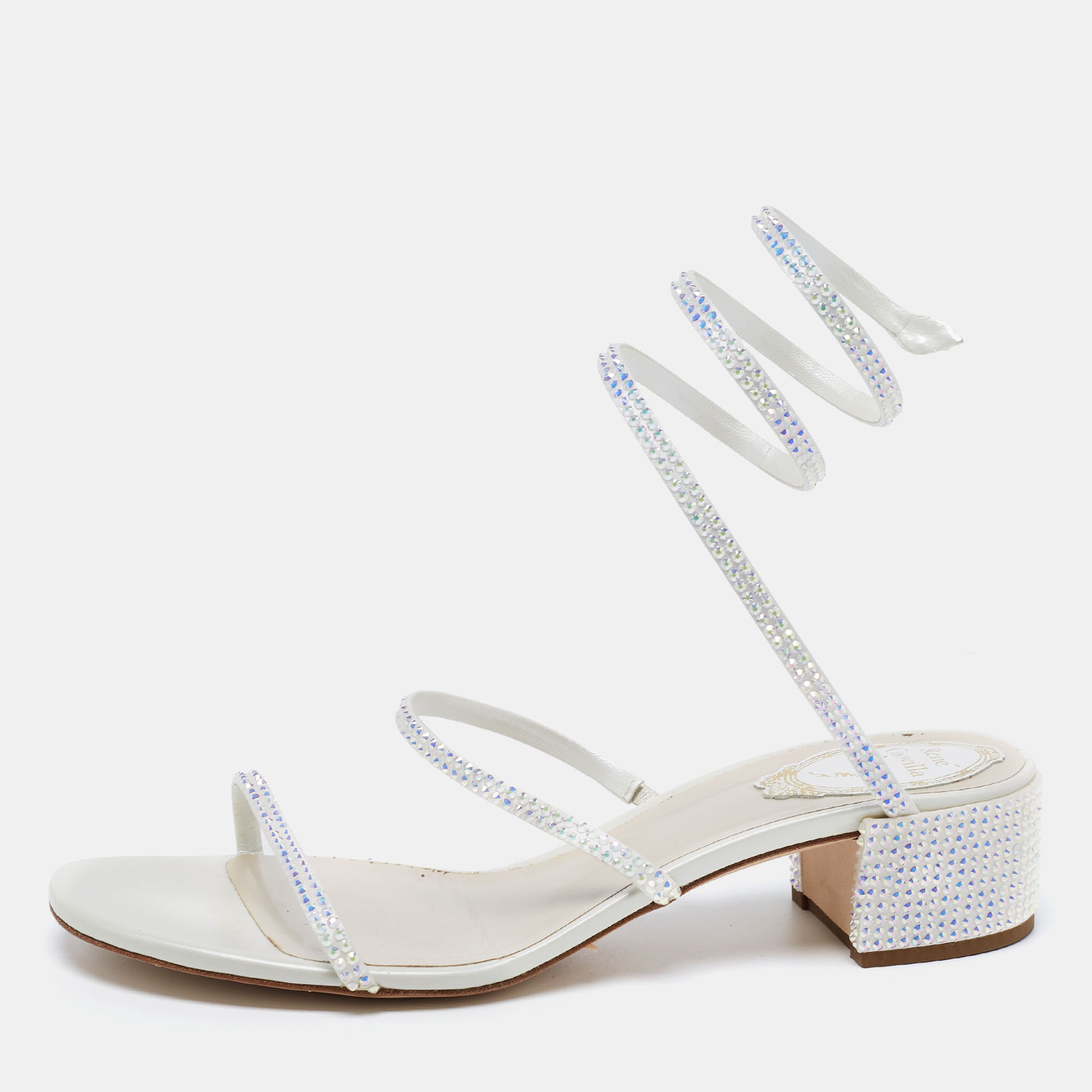 Pre Owned René Caovilla White Crystal Embellished Satin Cleo Sandals Size 38