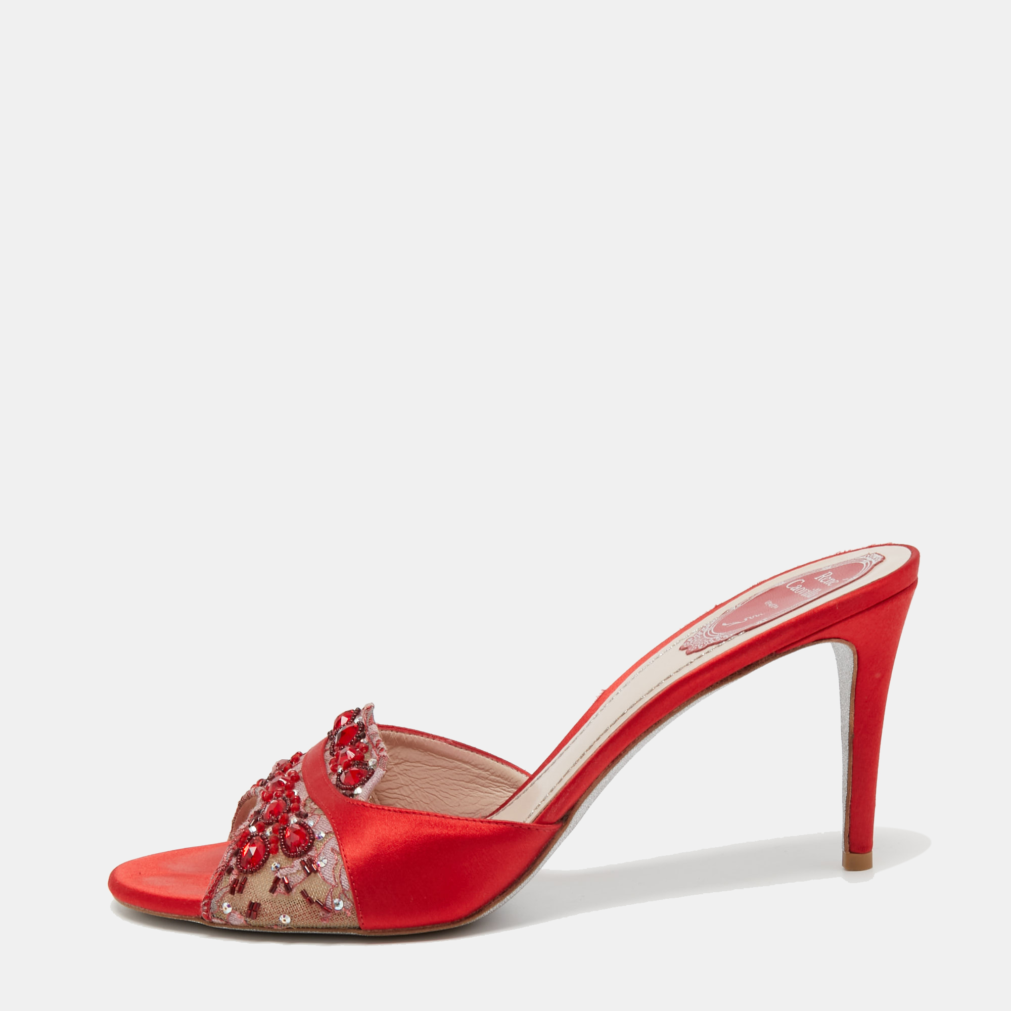 Pre-owned René Caovilla René Caovilla Red Crystal Embellished Mesh And ...