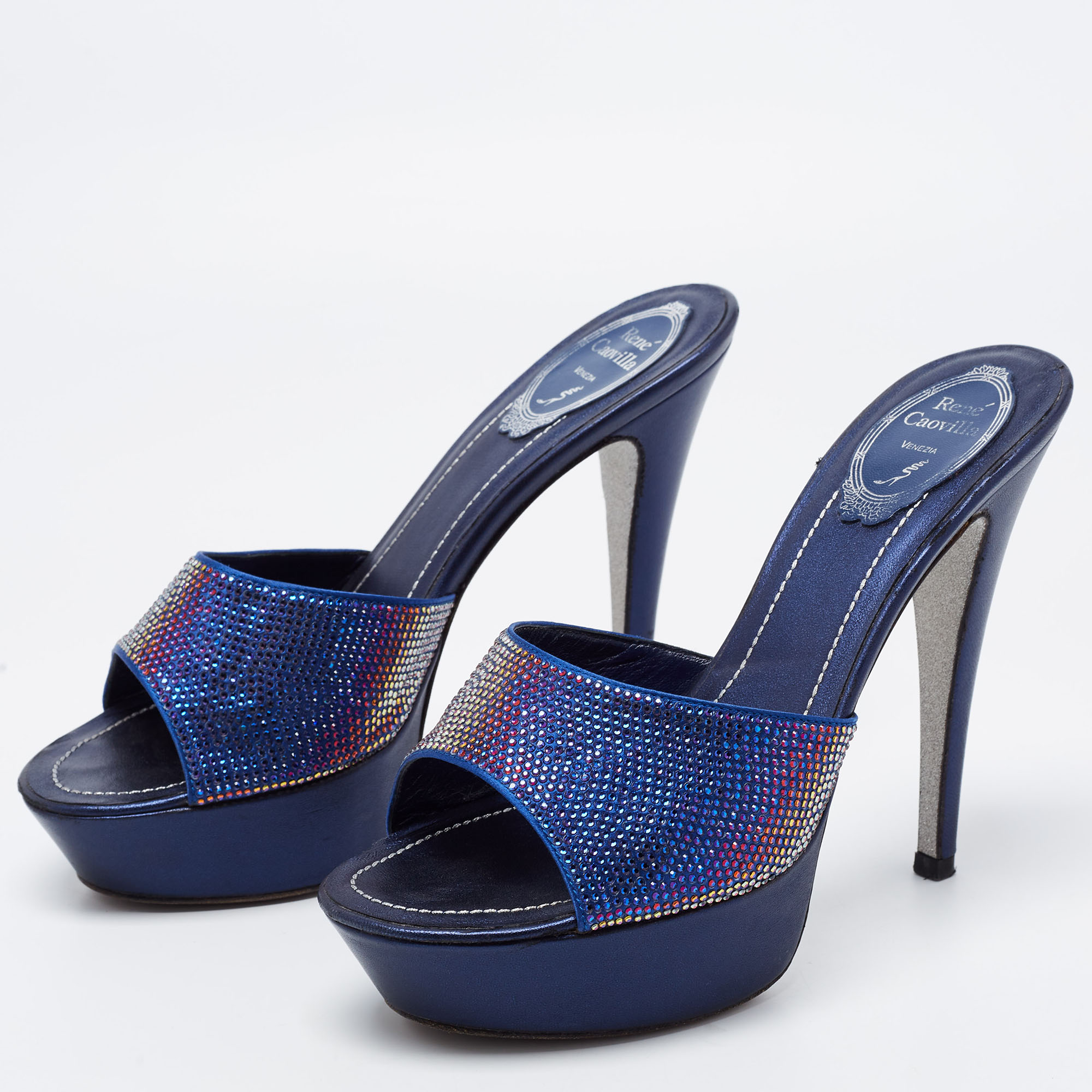 

René Caovilla Navy Blue Satin and Leather Crystals Embellished Platform Sandals Size