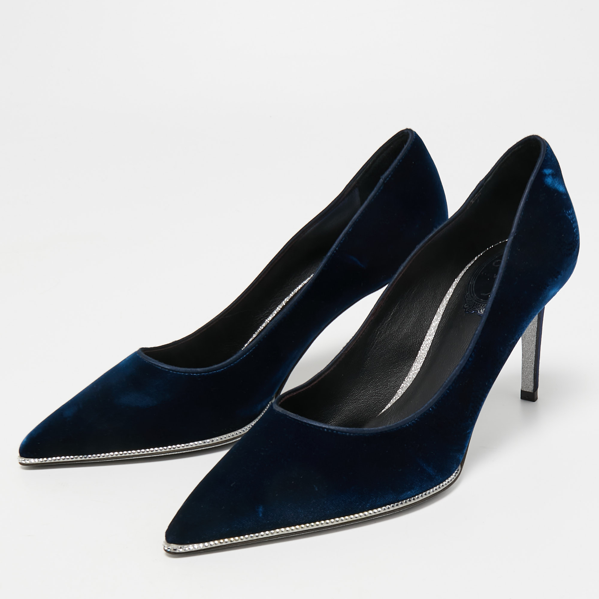 

René Caovilla Blue Velvet Grace Pointed Toe Pumps Size, Navy blue
