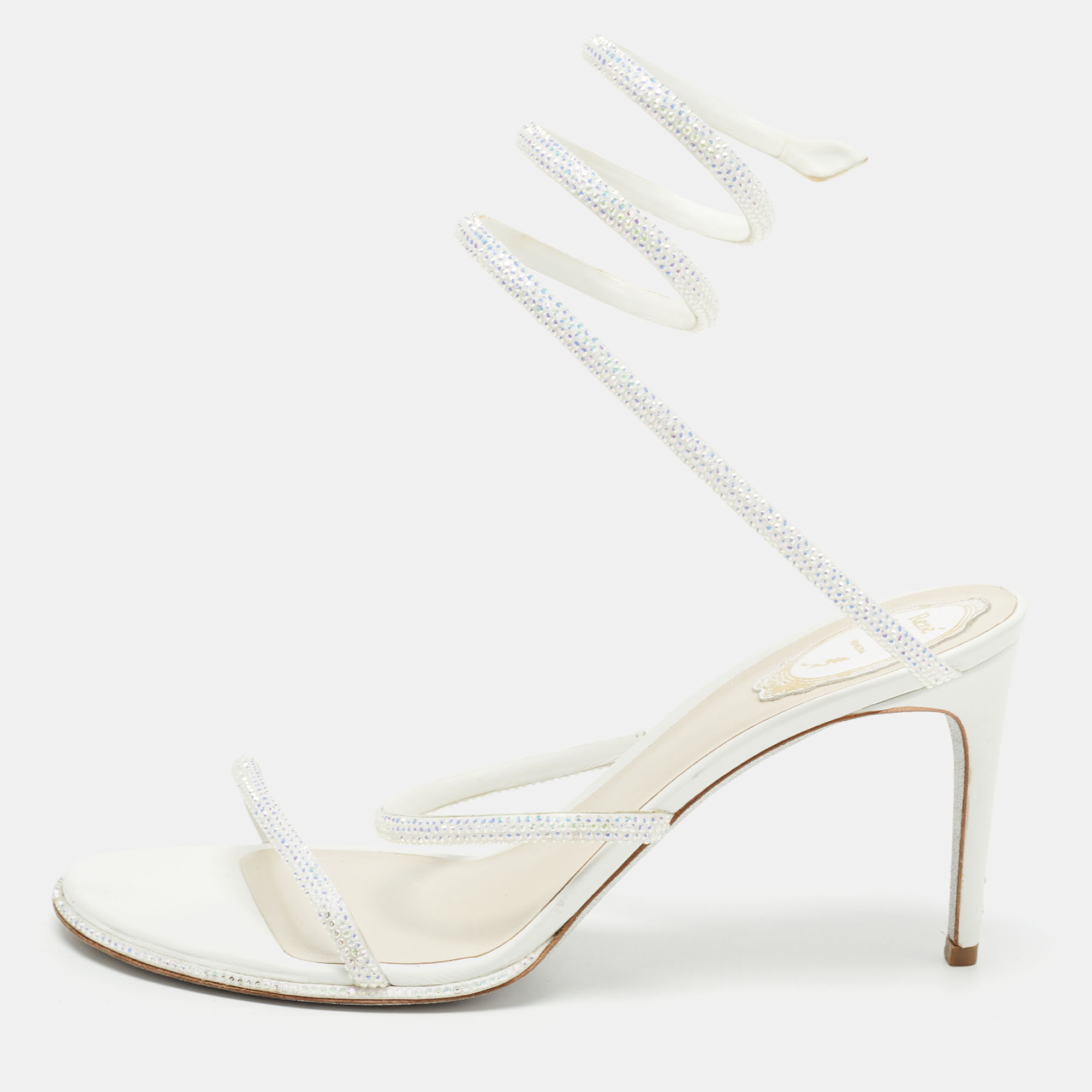 René Caovilla White Leather Crystal Embellished Ankle Wrap Sandals Size 41