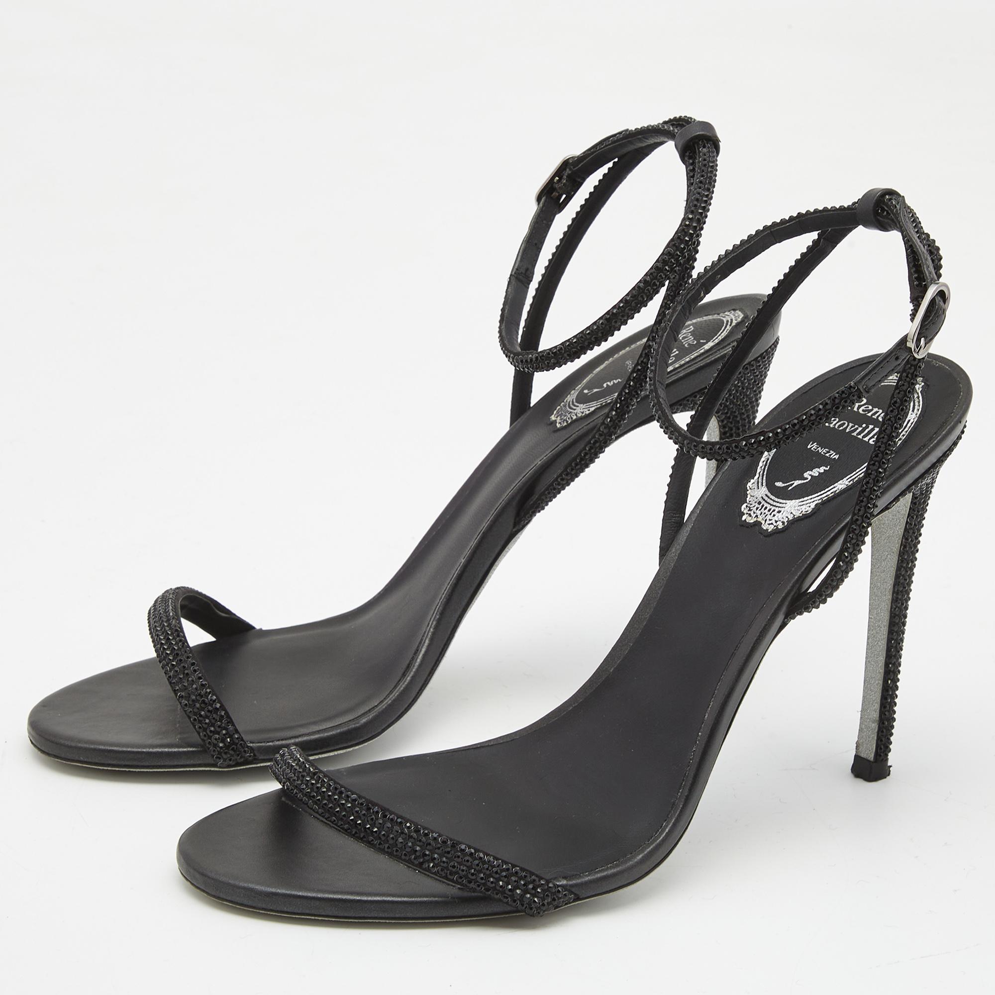 

Rene Caovilla Black Satin Crystal Embellished Heel Sandals Size