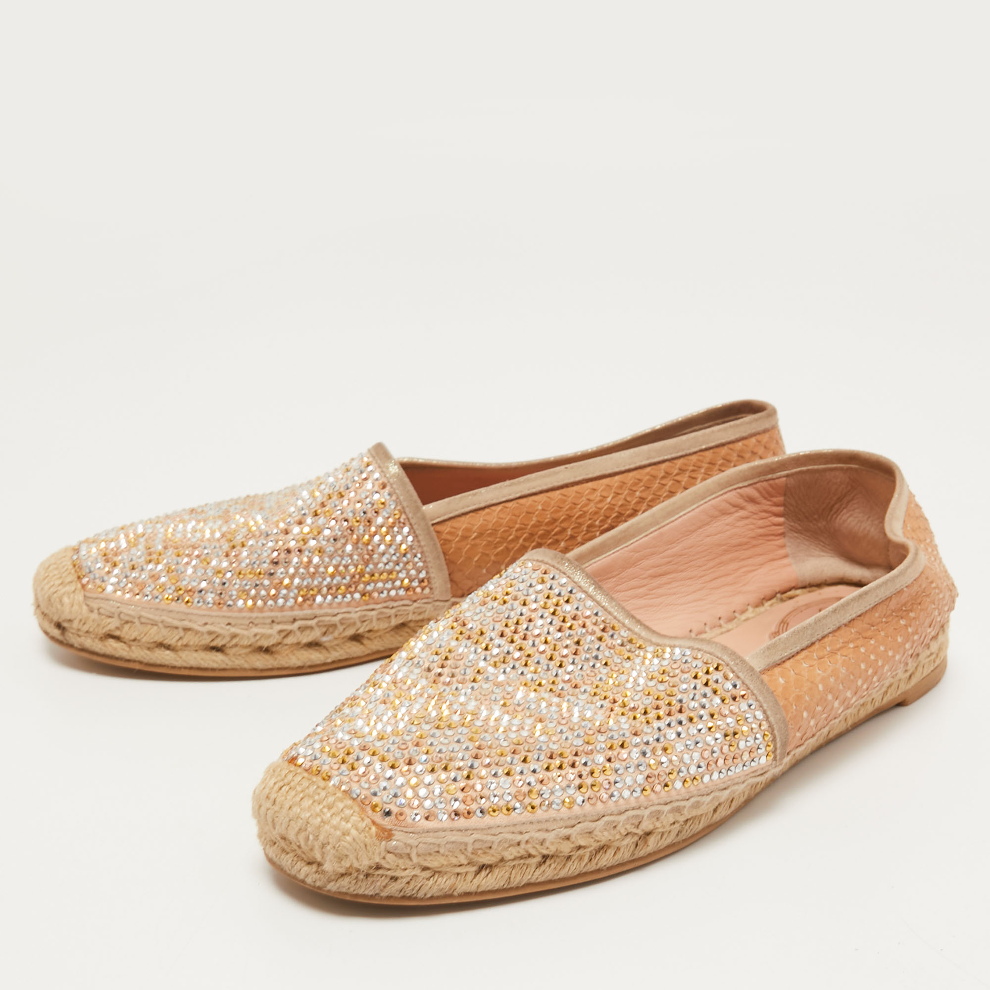 

René Caovilla Beige Python and Crystal Embellished Satin Espadrille Flats Size