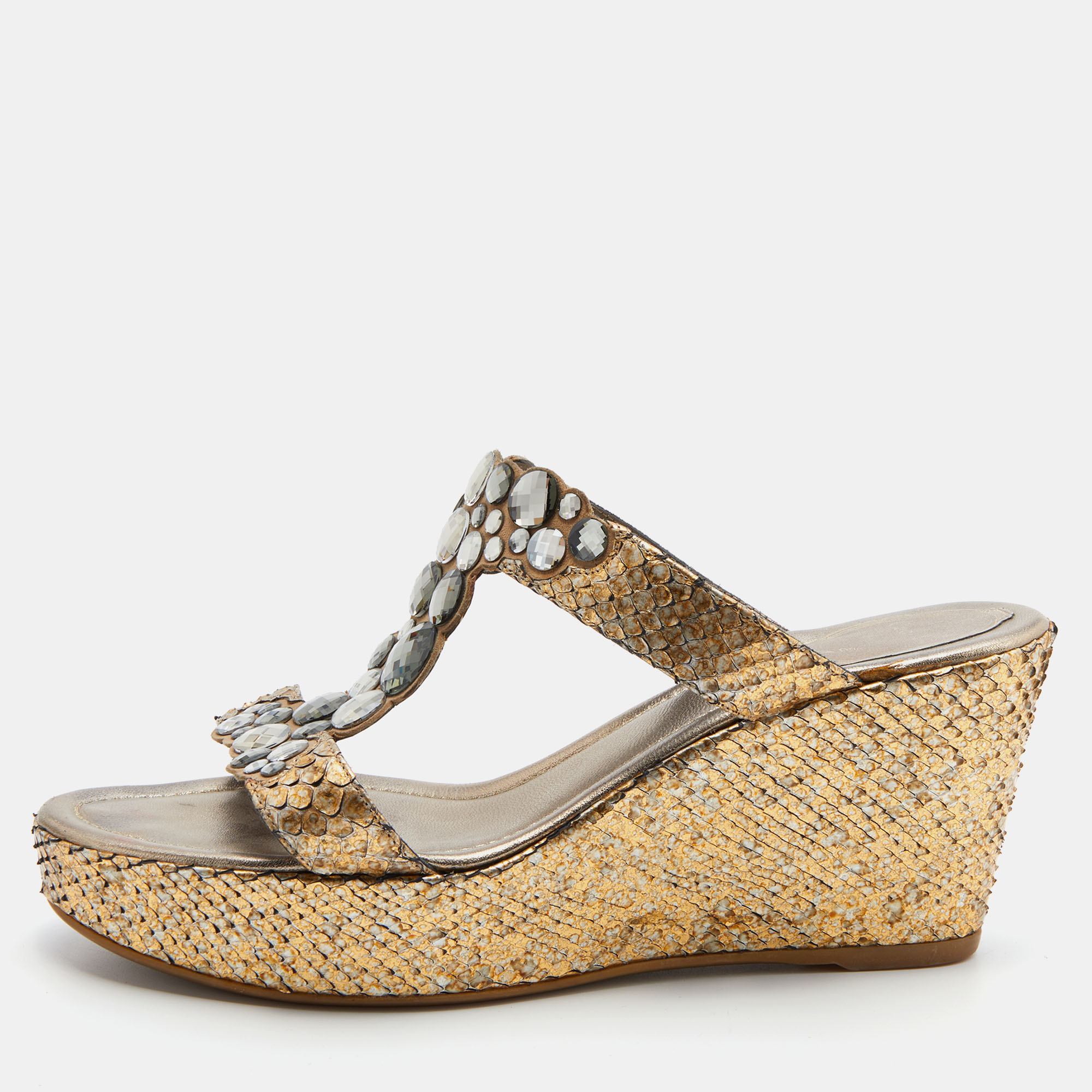 Pre-owned René Caovilla Gold Snakeskin Crystal Embellished Wedge Sandals Size 39 In Multicolor