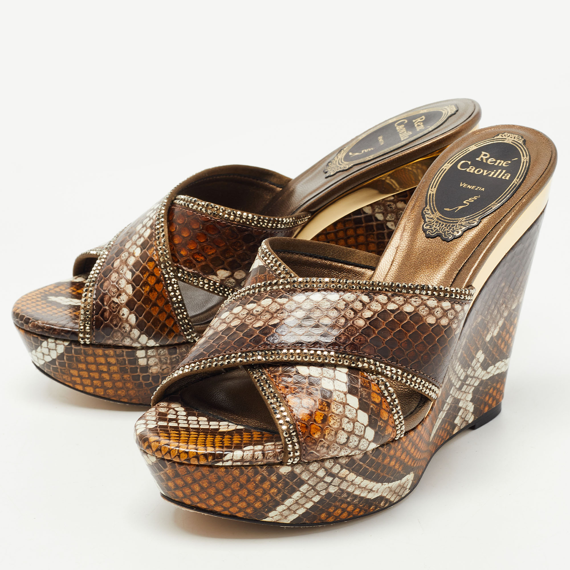 

René Caovilla Brown Python Slide Wedge Sandals Size