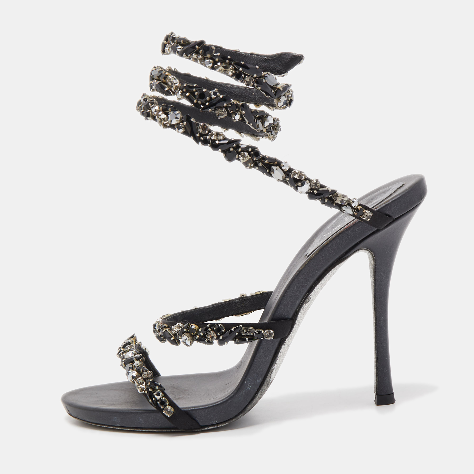 Pre Owned René Caovilla Black Satin Cleo Crystals Embellished Sandals Size 38.5