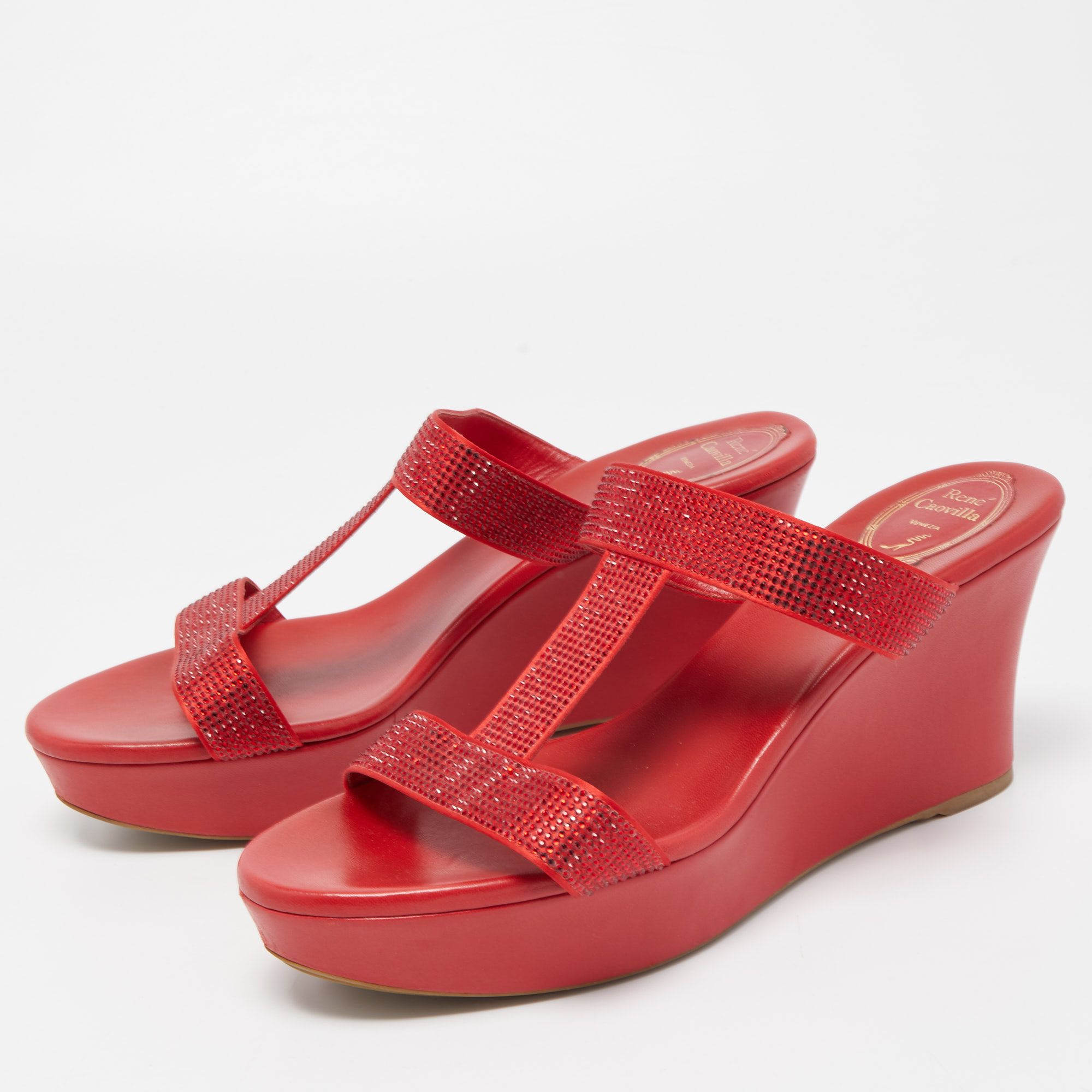 

René Caovilla Red Crystal Embellished Satin Wedge Platform Sandals Size