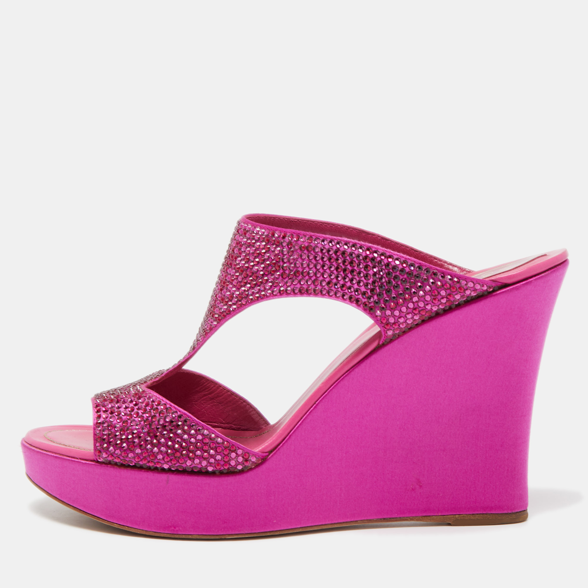 Pre-owned René Caovilla Pink Satin Crystal Embellished Wedge Slide Sandals Size 41