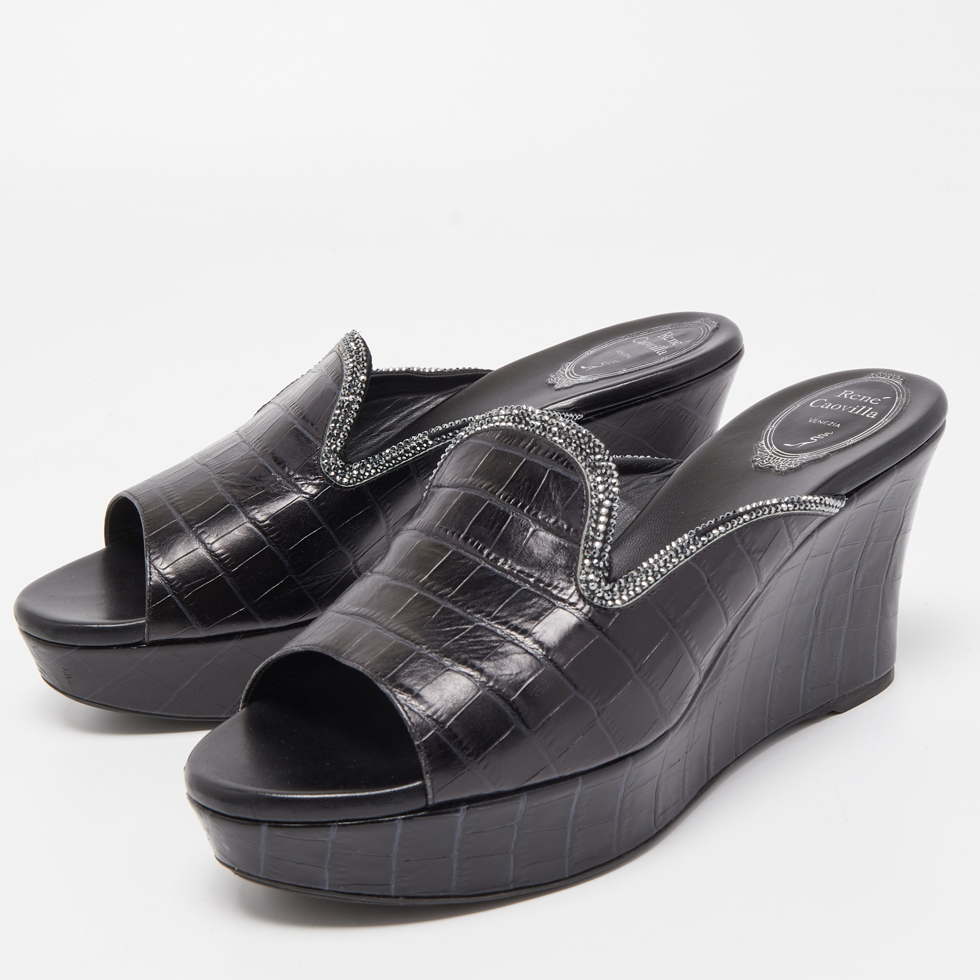 

René Caovilla Black Croc Embossed Leather Crystal Embellished Platform Wedge Slide Sandals Size