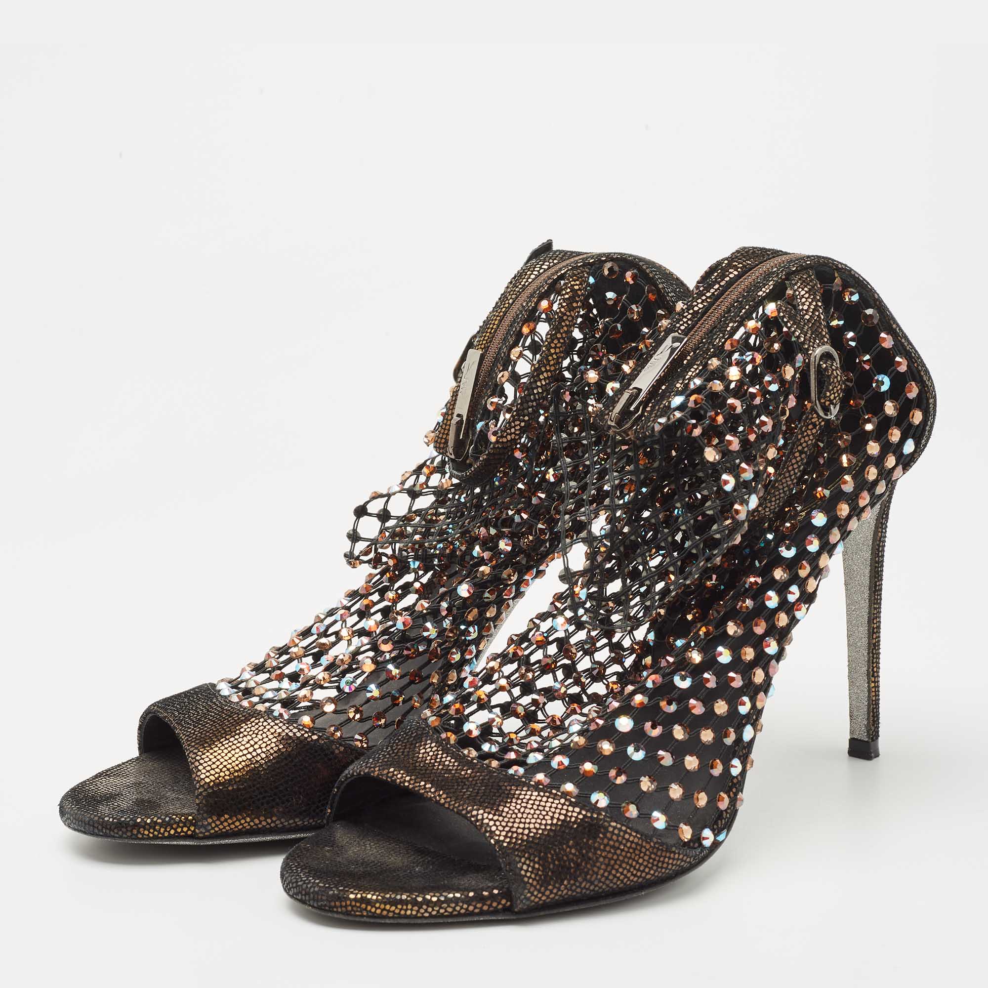 

René Caovilla Brown Leather and Lace Galaxia jewelled Ankle Strap Sandals Size, Metallic