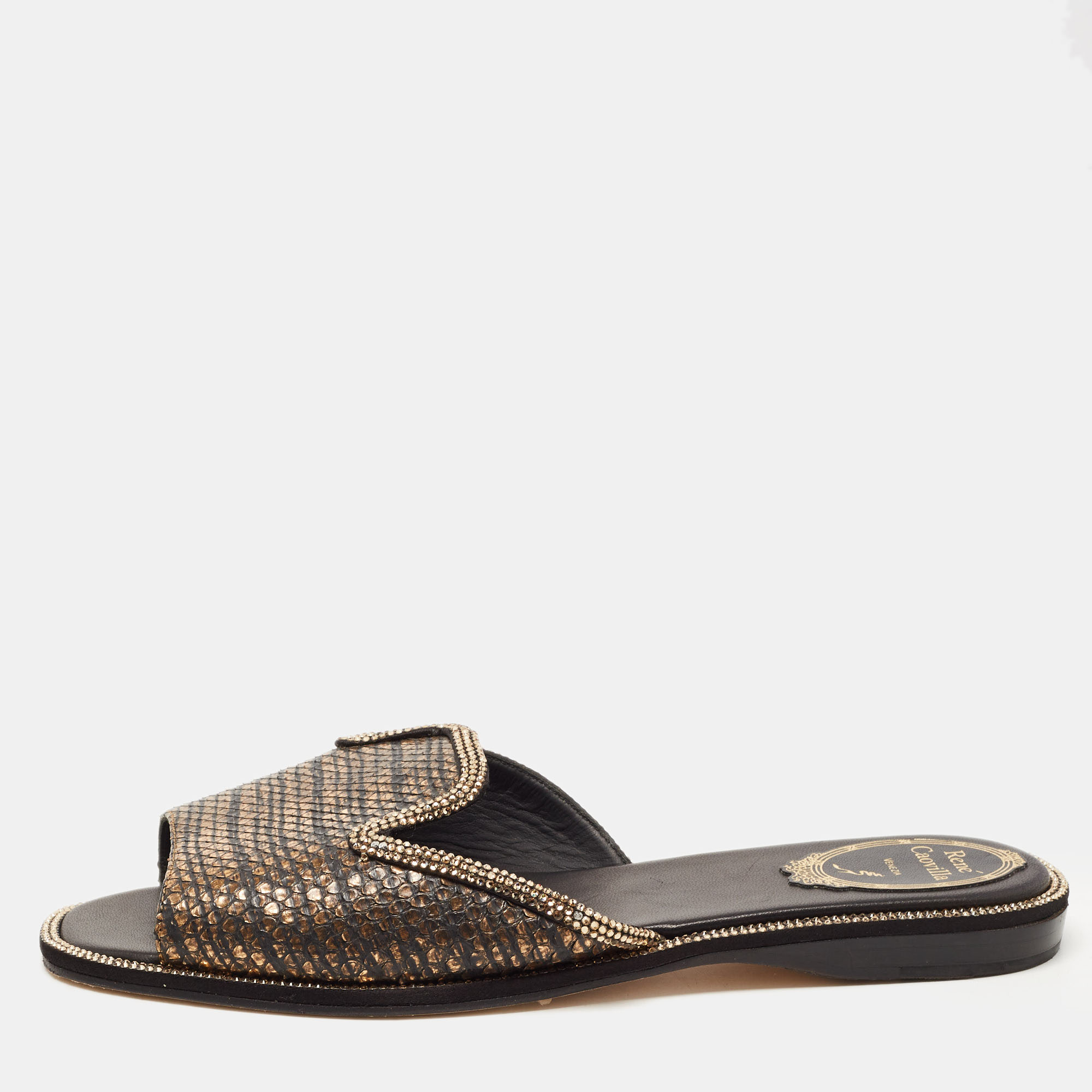 Pre Owned René Caovilla Gold Python and Crystal Embellished Flat Slides Size 39  